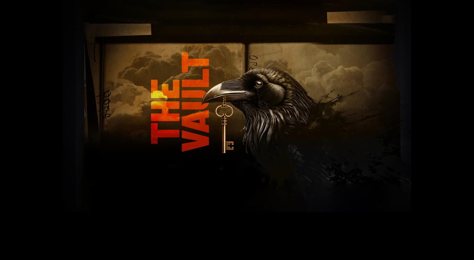 Raven with key overlayed by "The Vault" text on a dark background.