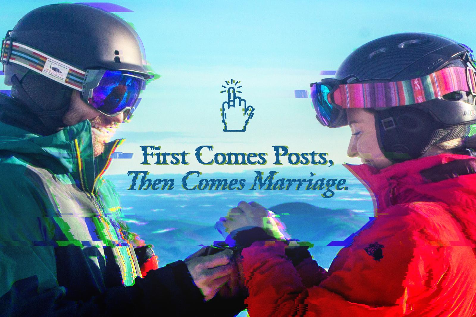 Skiers in helmets joyfully exchange rings on a snowy mountain.