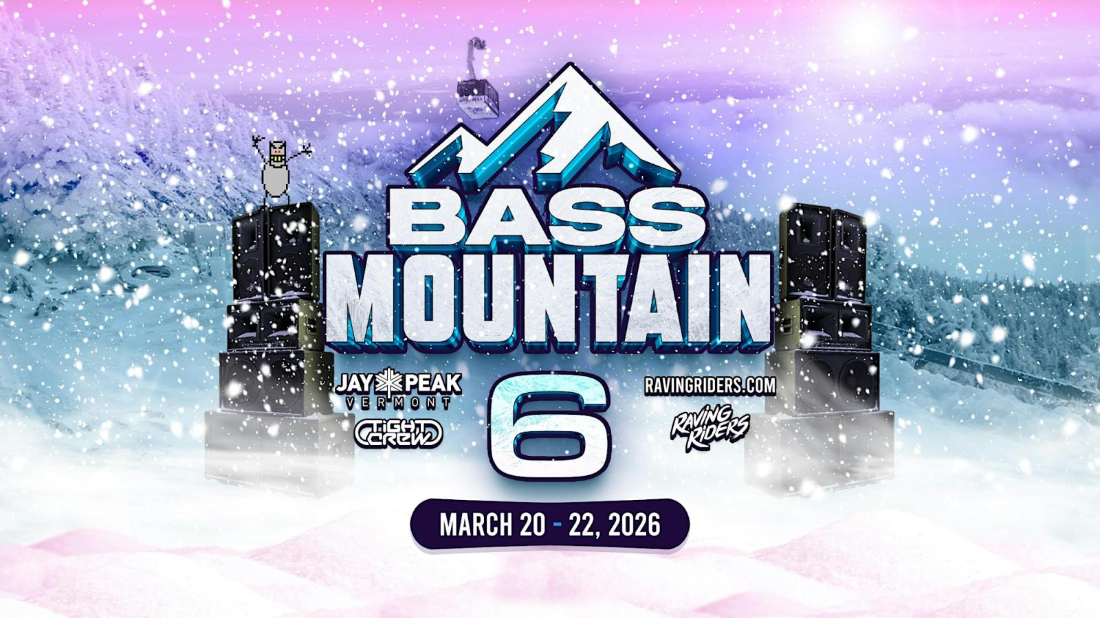 Concert graphic with snowy mountain and large speakers.