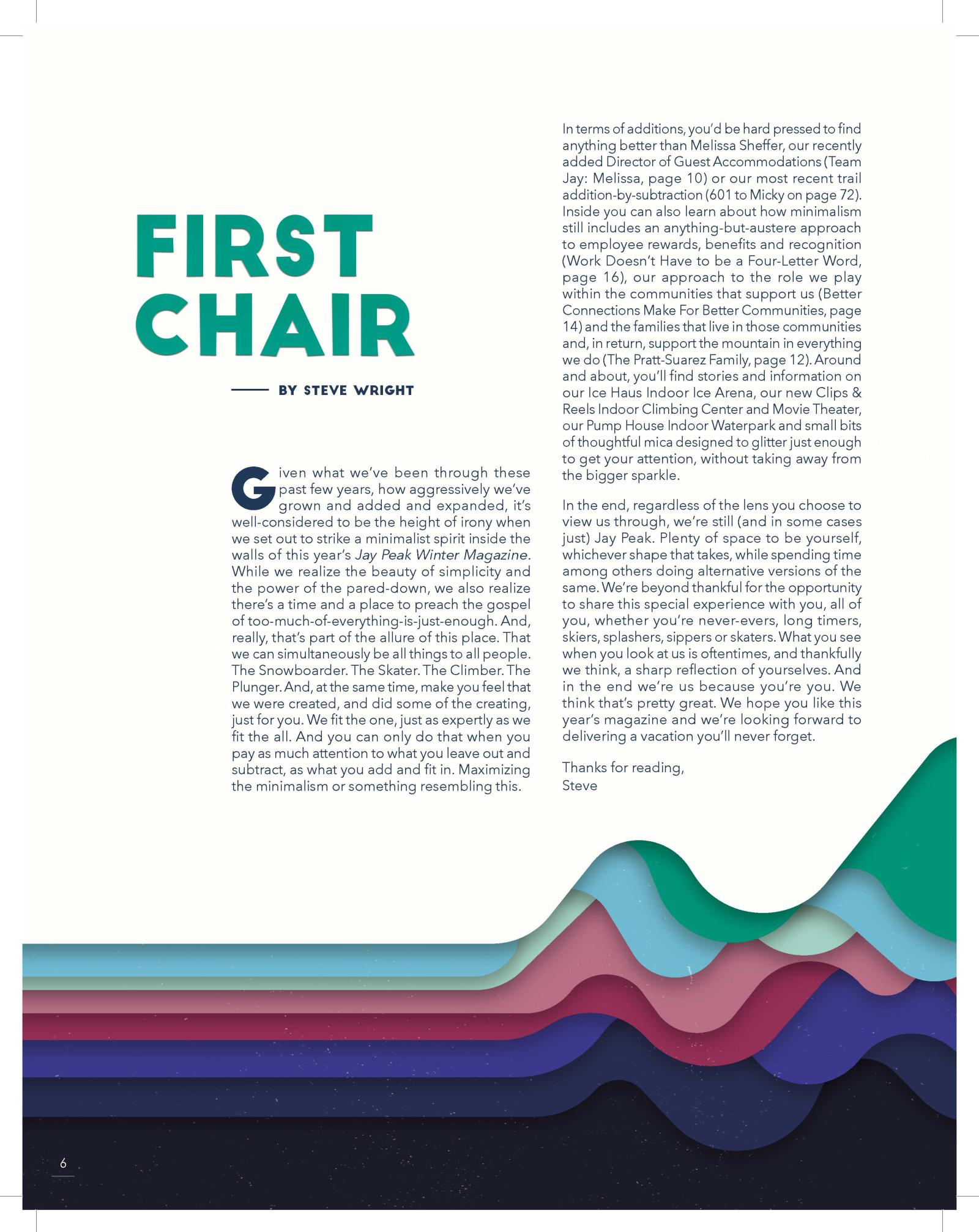 Colorful layered wave design with text columns on a white background.