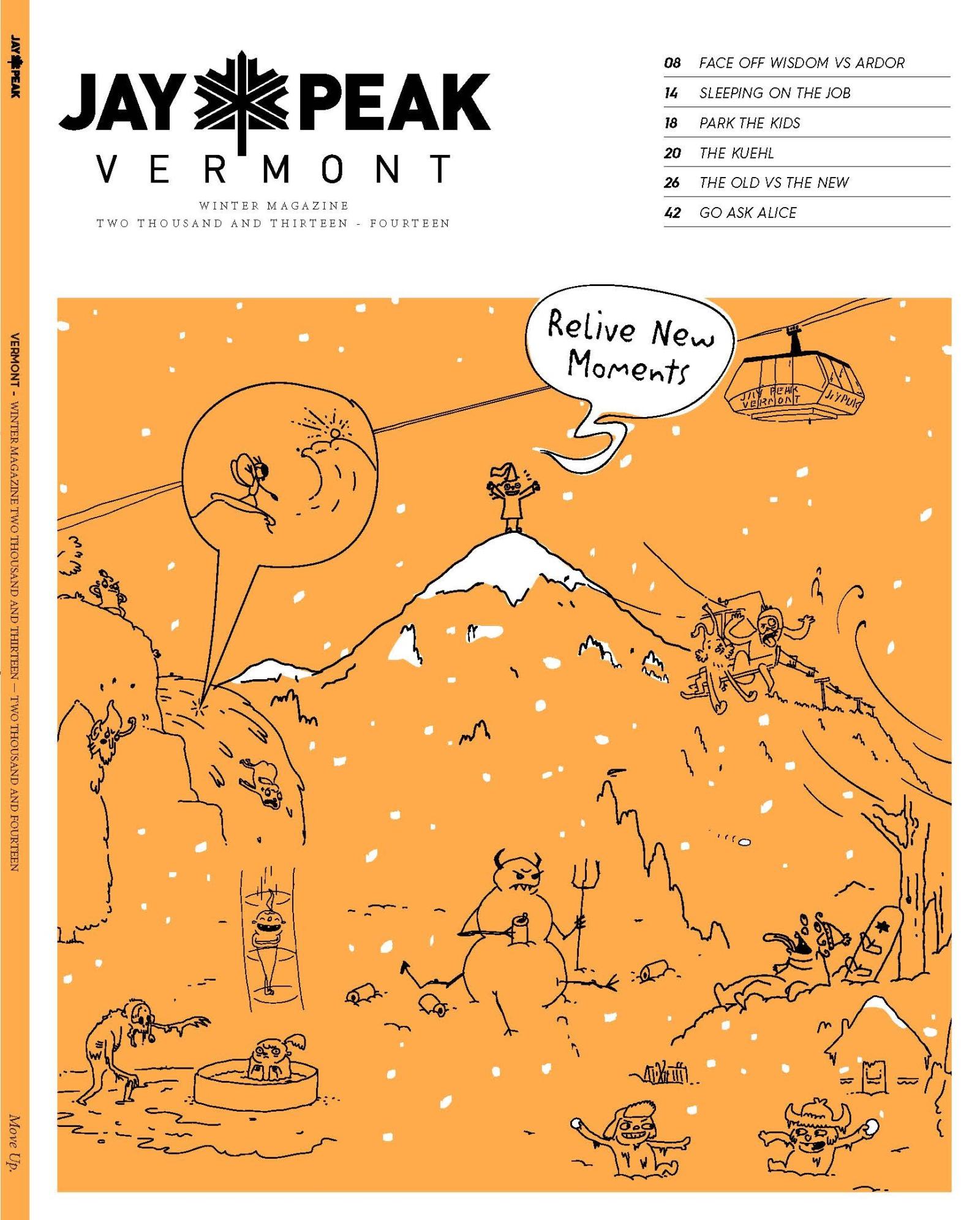 Cartoon scene of a snowy mountain with animals skiing; orange background.