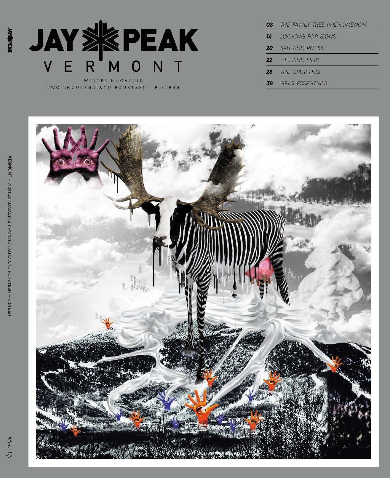 Zebra with moose antlers stands on snowy ground, surreal background in black and white.