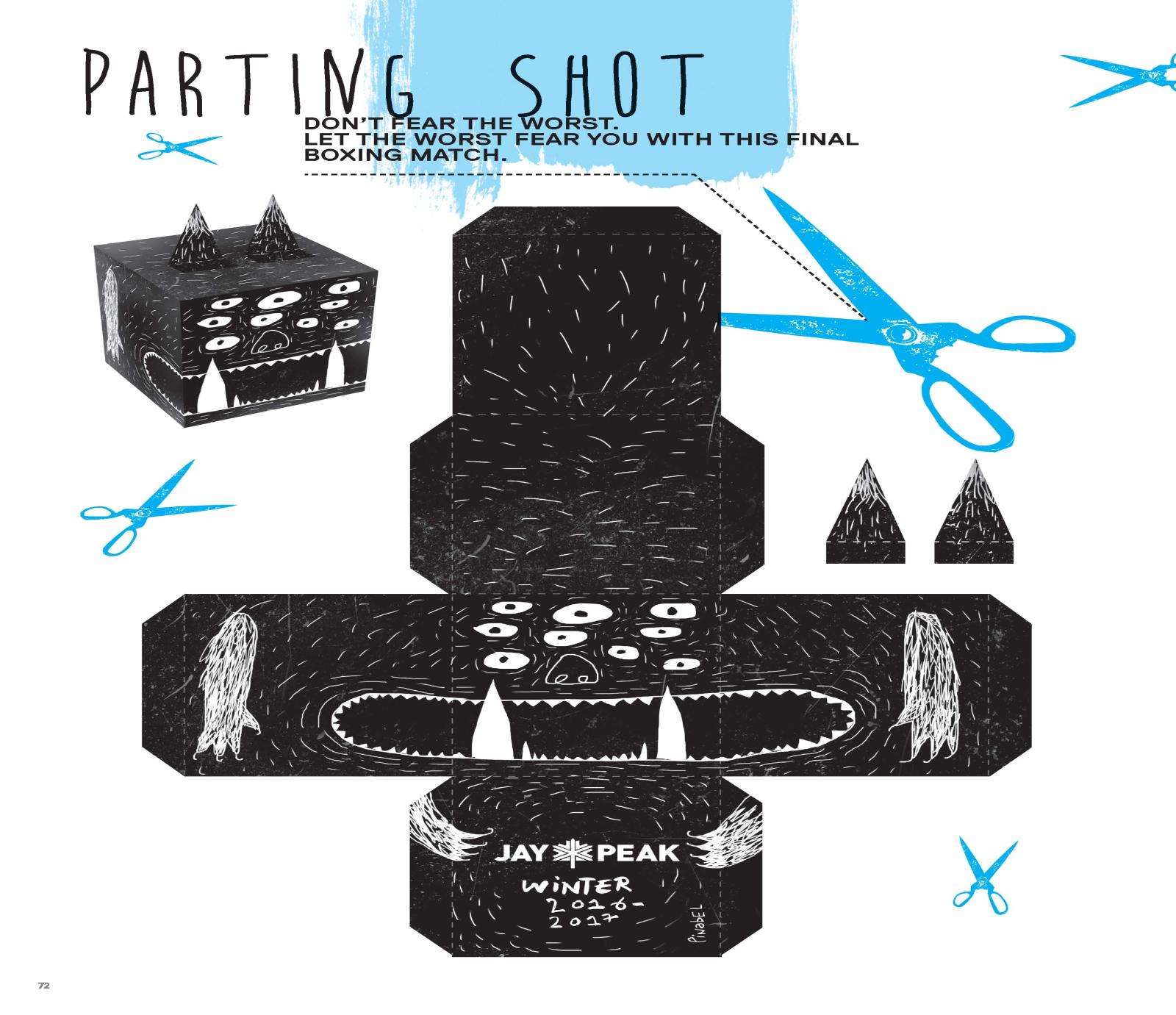 Black paper monster cutout template with blue scissors around it.