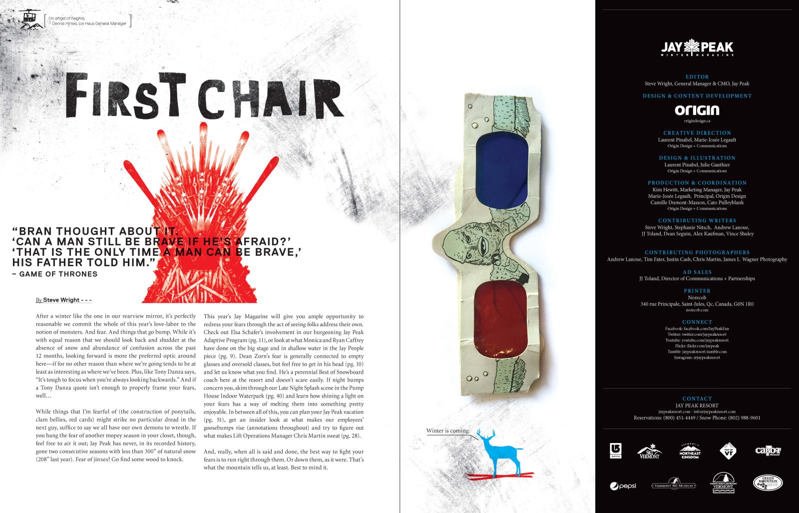 Magazine layout with text and 3D glasses graphic, black and red accents.