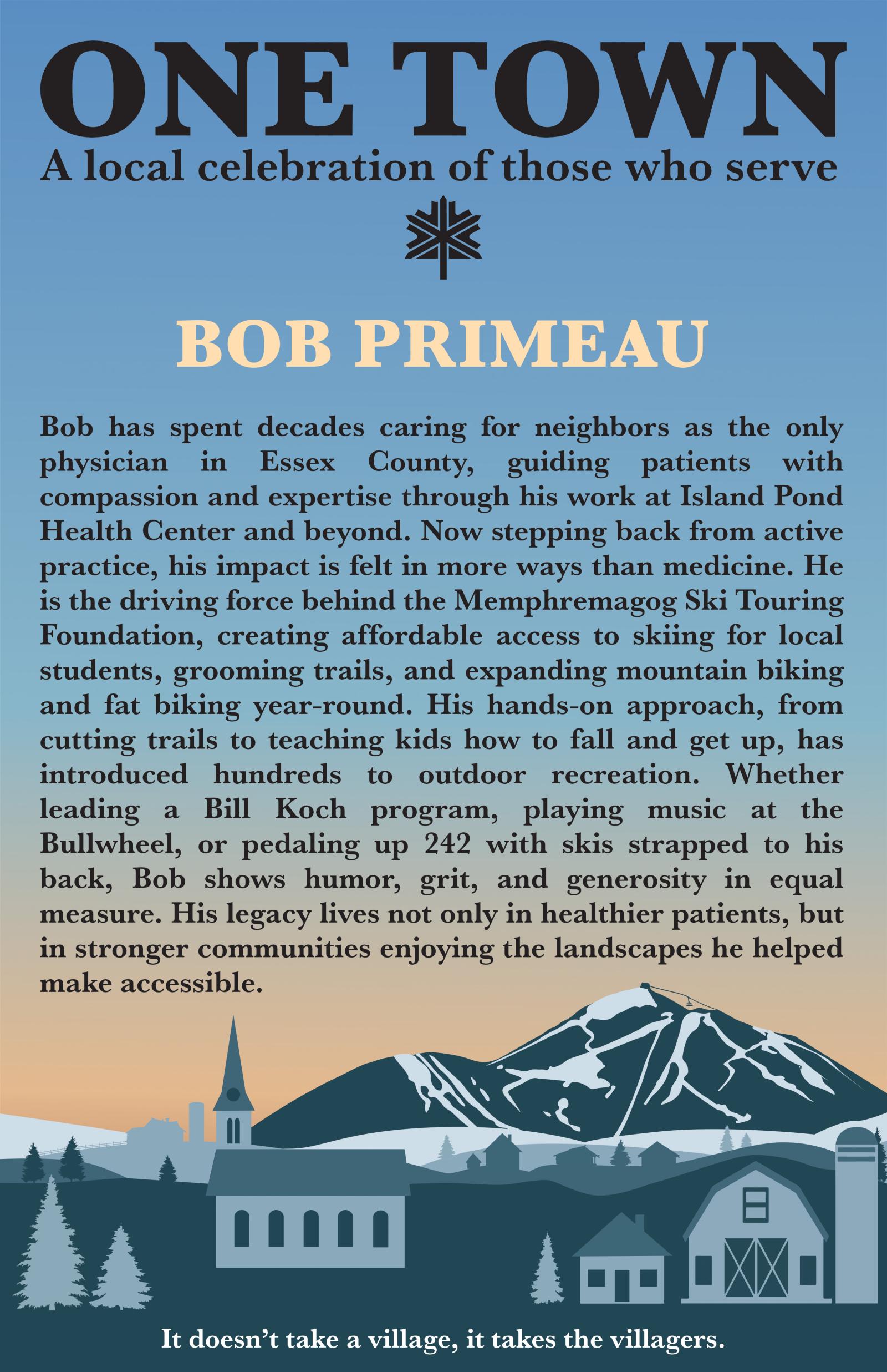 Magazine cover featuring a snowy mountain and a row of houses below.