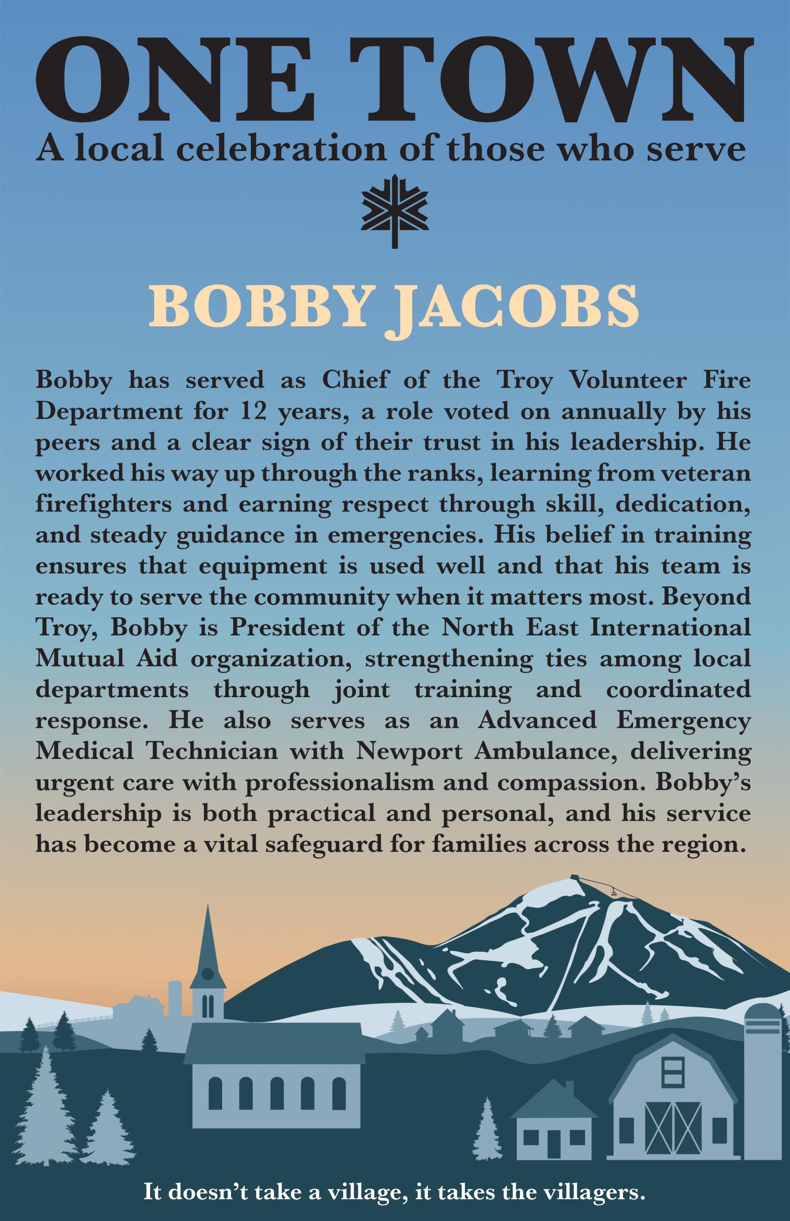 A blue and orange graphic of a small town with mountains.