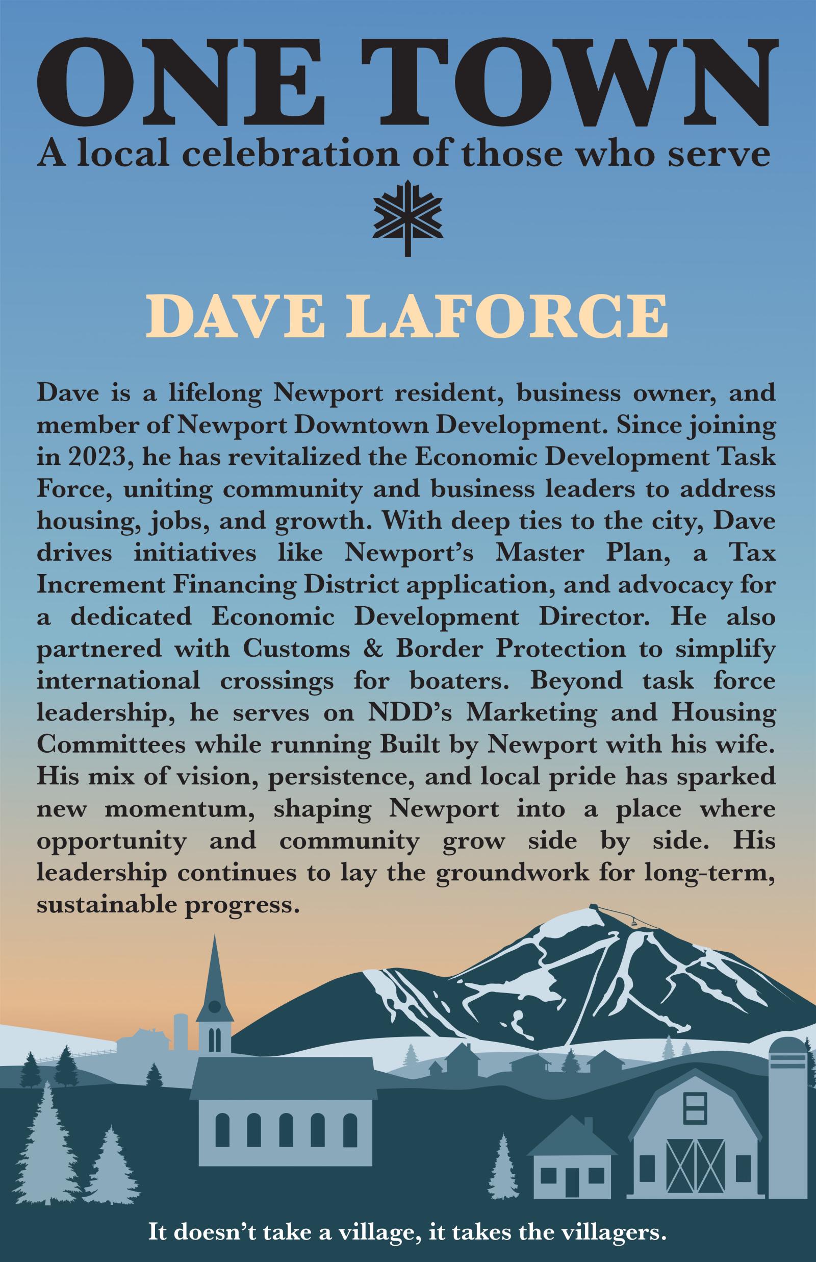 Blue and orange poster featuring a town skyline with mountains and trees.