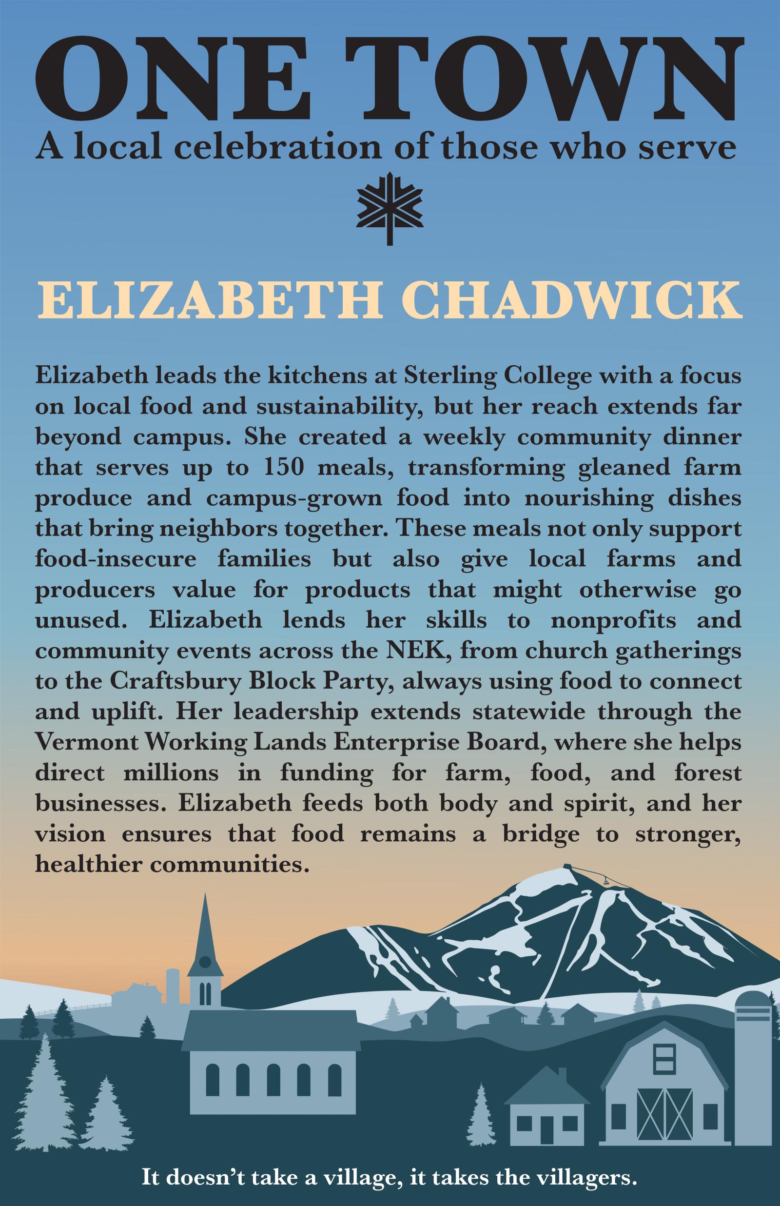 Text: "One Town" in large font, with mountains and a village illustration below.