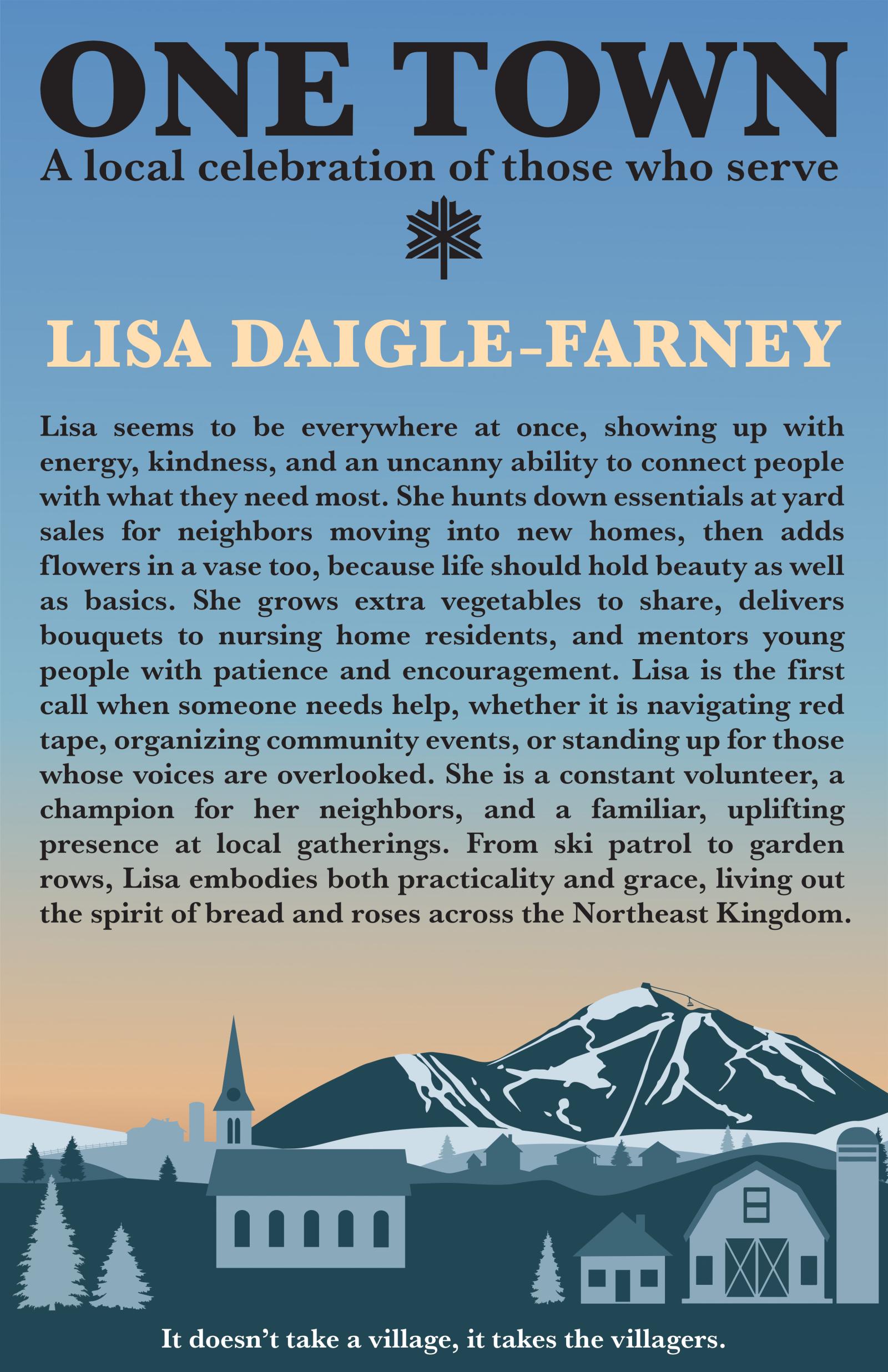 Blue and orange poster with buildings and mountains illustration.