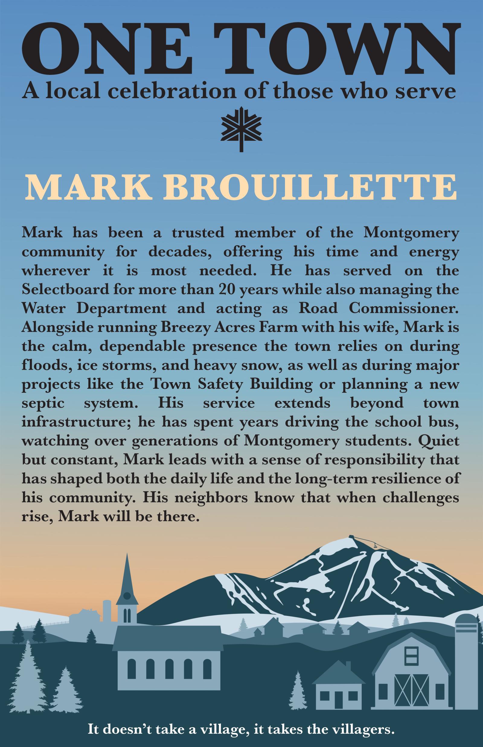 Stylized townscape with tree and mountain backdrop, blue and gray tones.