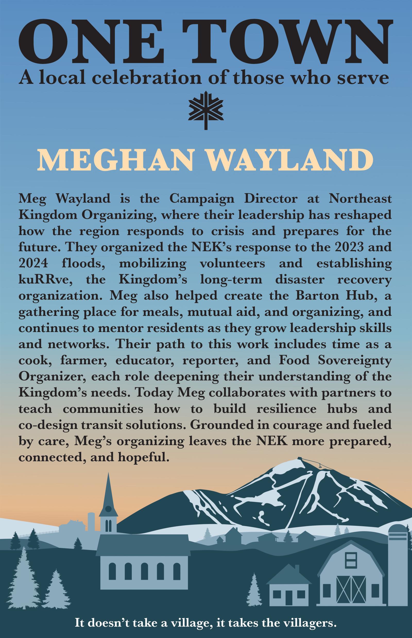 Blue and orange graphic with mountains and buildings at the bottom.