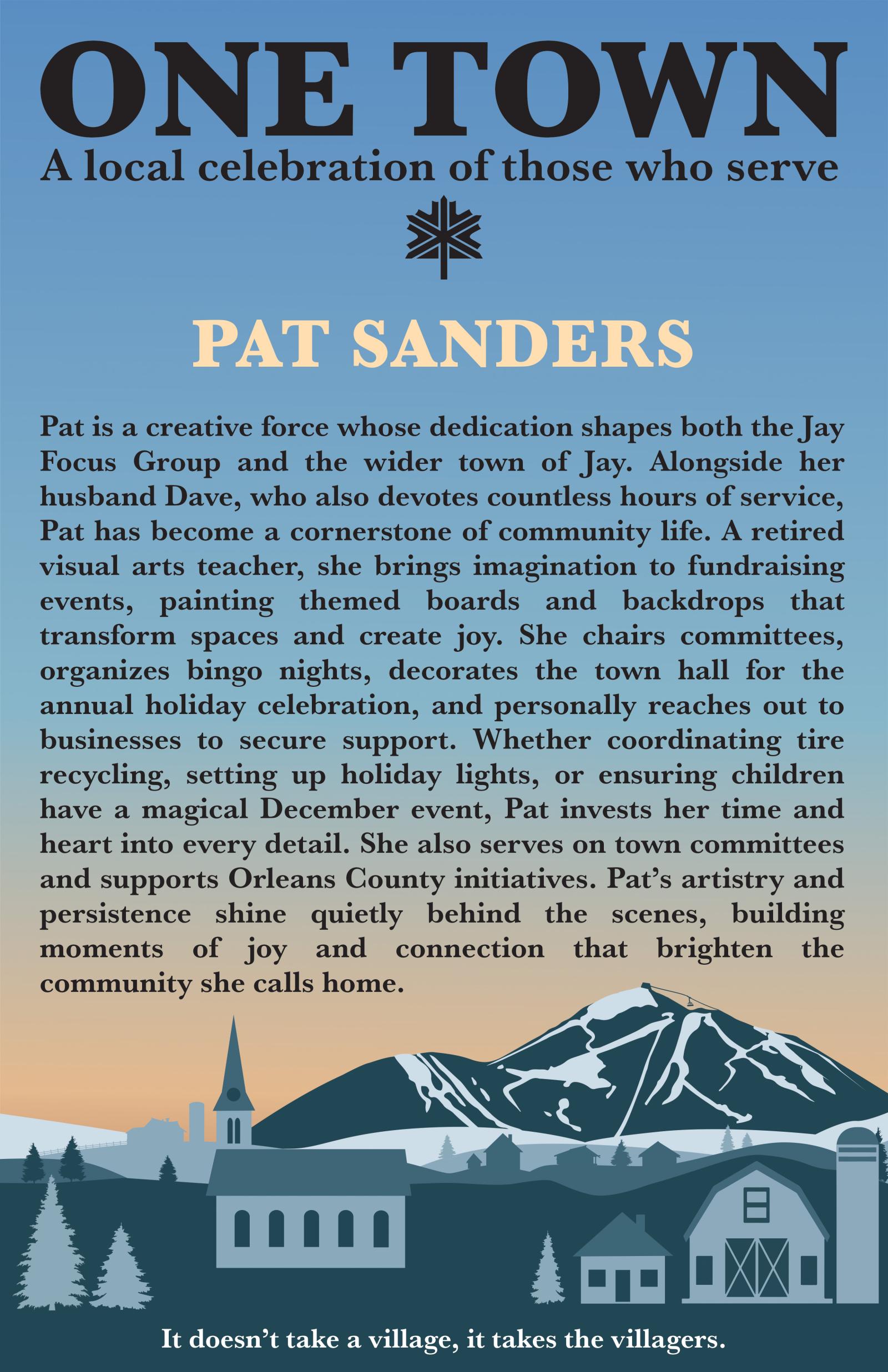Illustrated mountain scene above buildings and trees; text about community dedication.