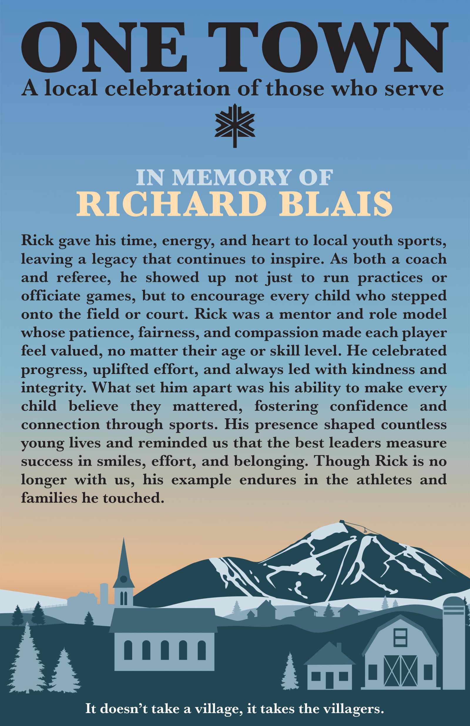 One Town tribute poster with mountain and village illustration.