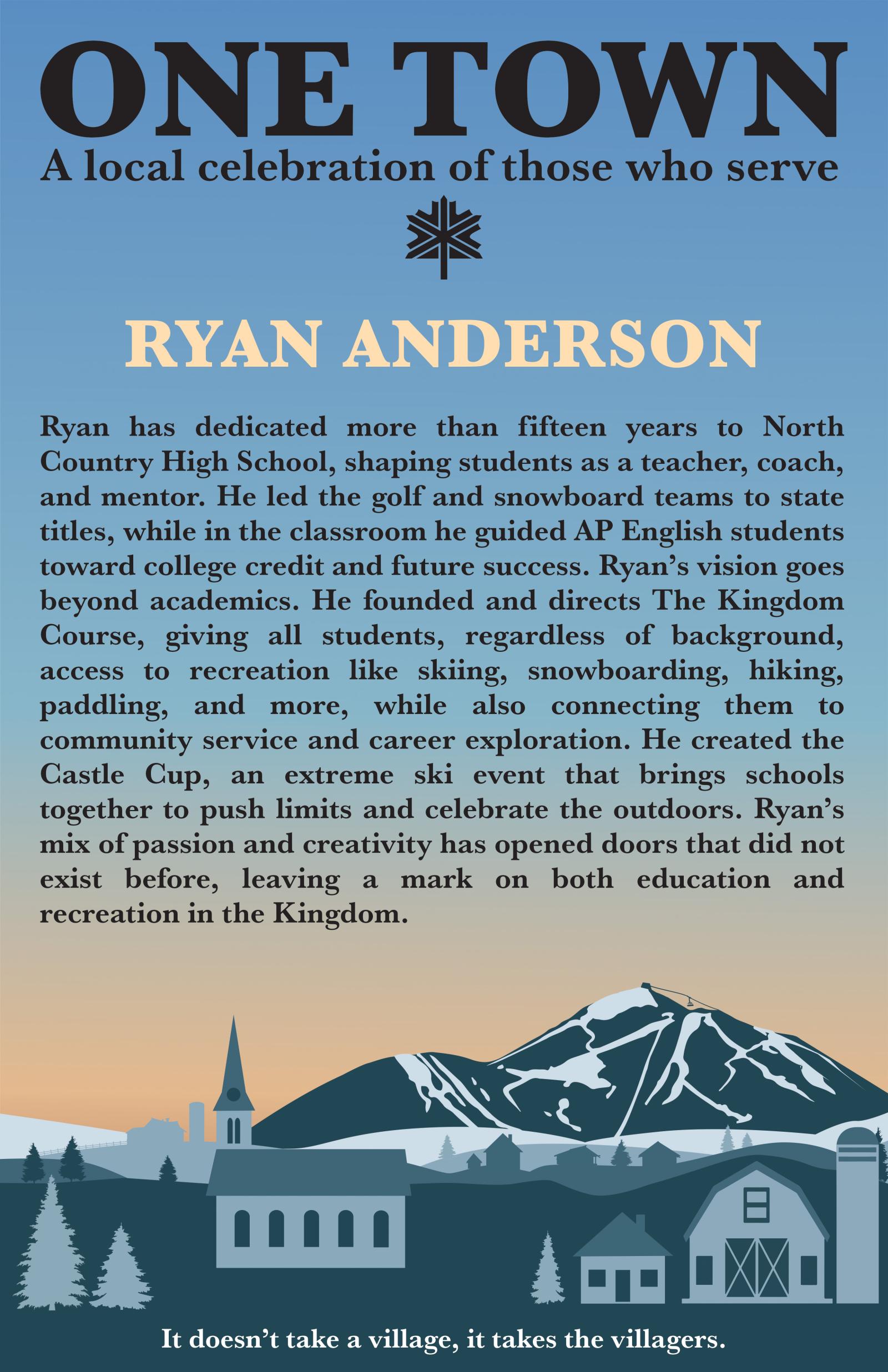 A town with mountains and trees; text about a community celebration for local service.