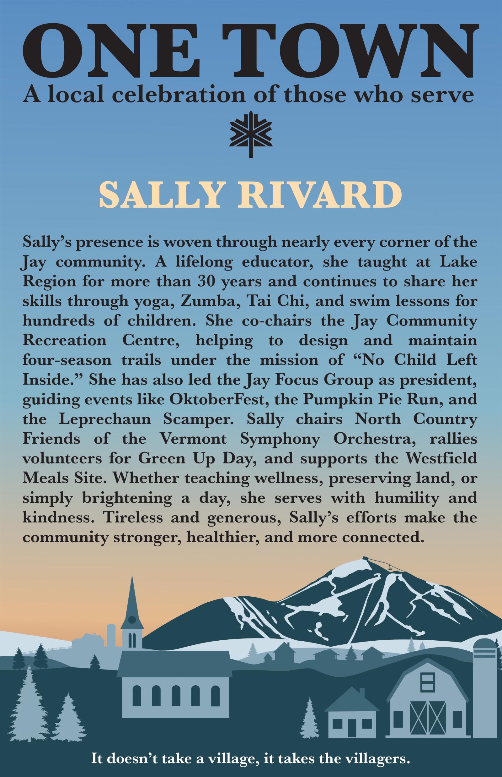 Skyline illustration of buildings and mountains at sunset with the text "ONE TOWN" above.