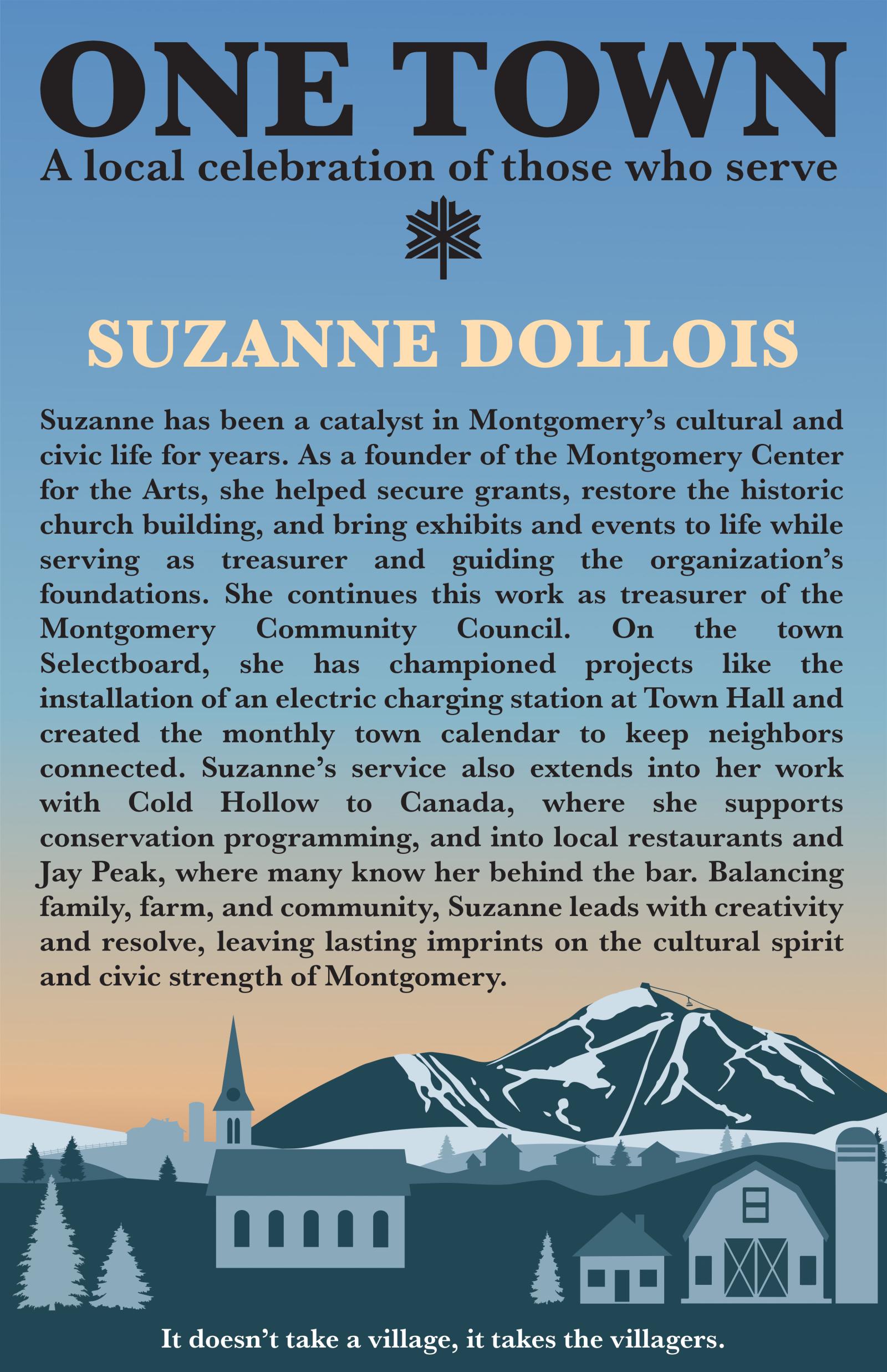 Stylized book cover with mountains, houses, and trees at sunset.