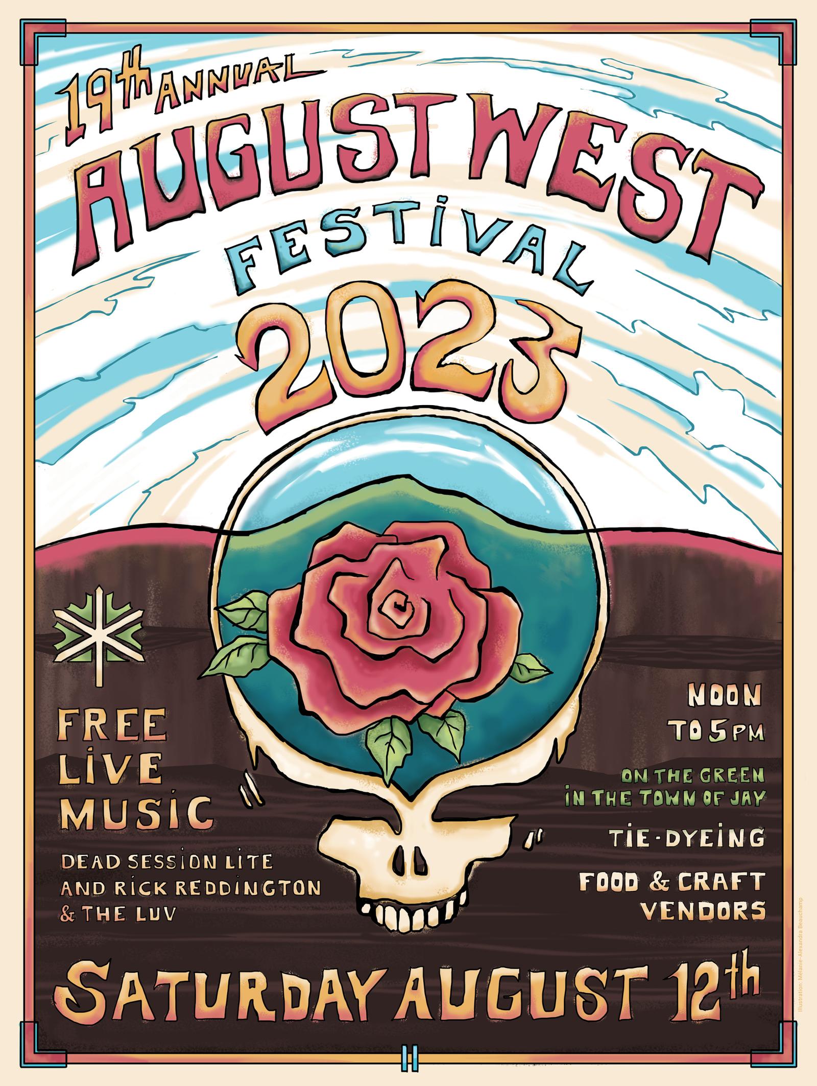 Colorful festival poster with rose and skull design below event details.