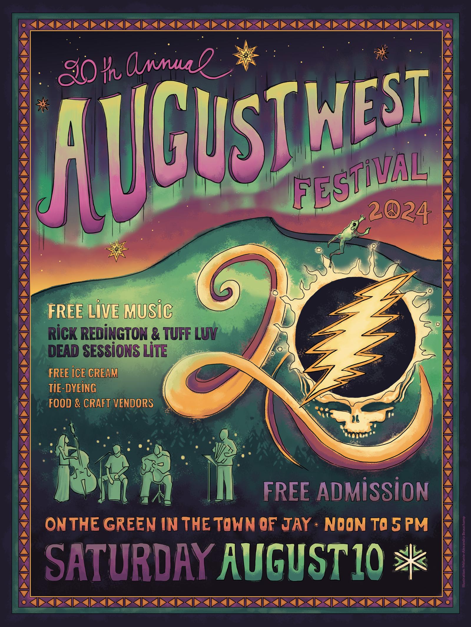 Colorful festival poster with psychedelic art and event details.