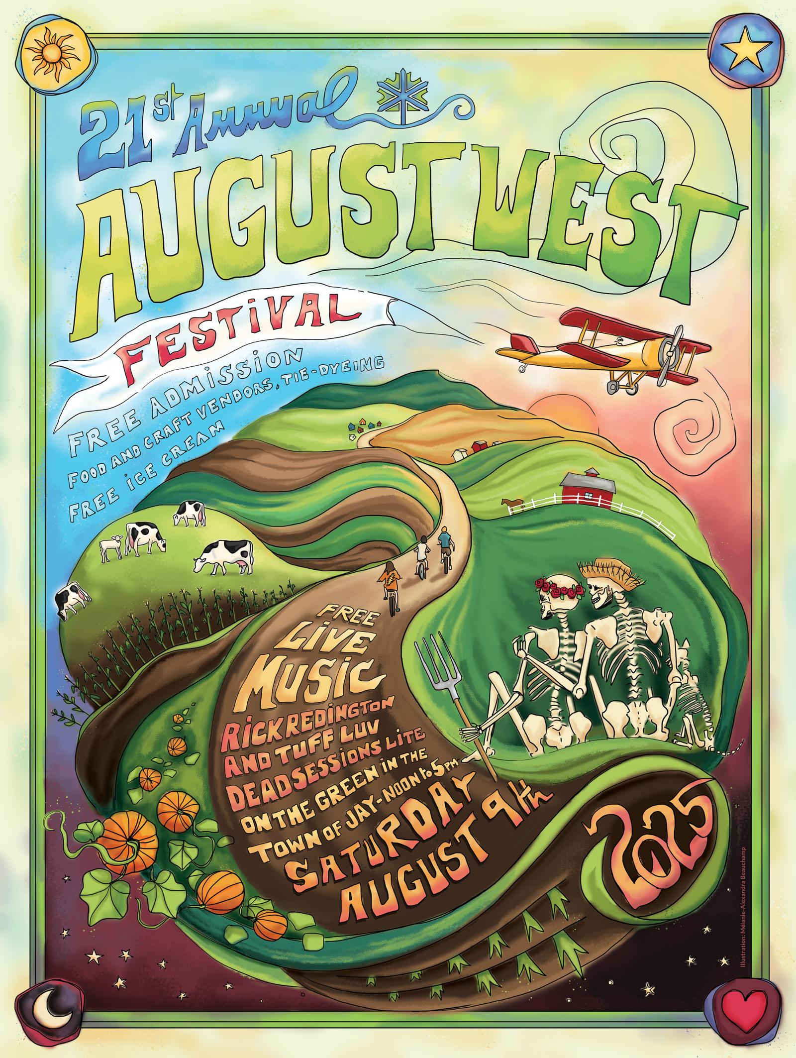 Colorful festival poster with farms, a plane, and an autumn-themed path.