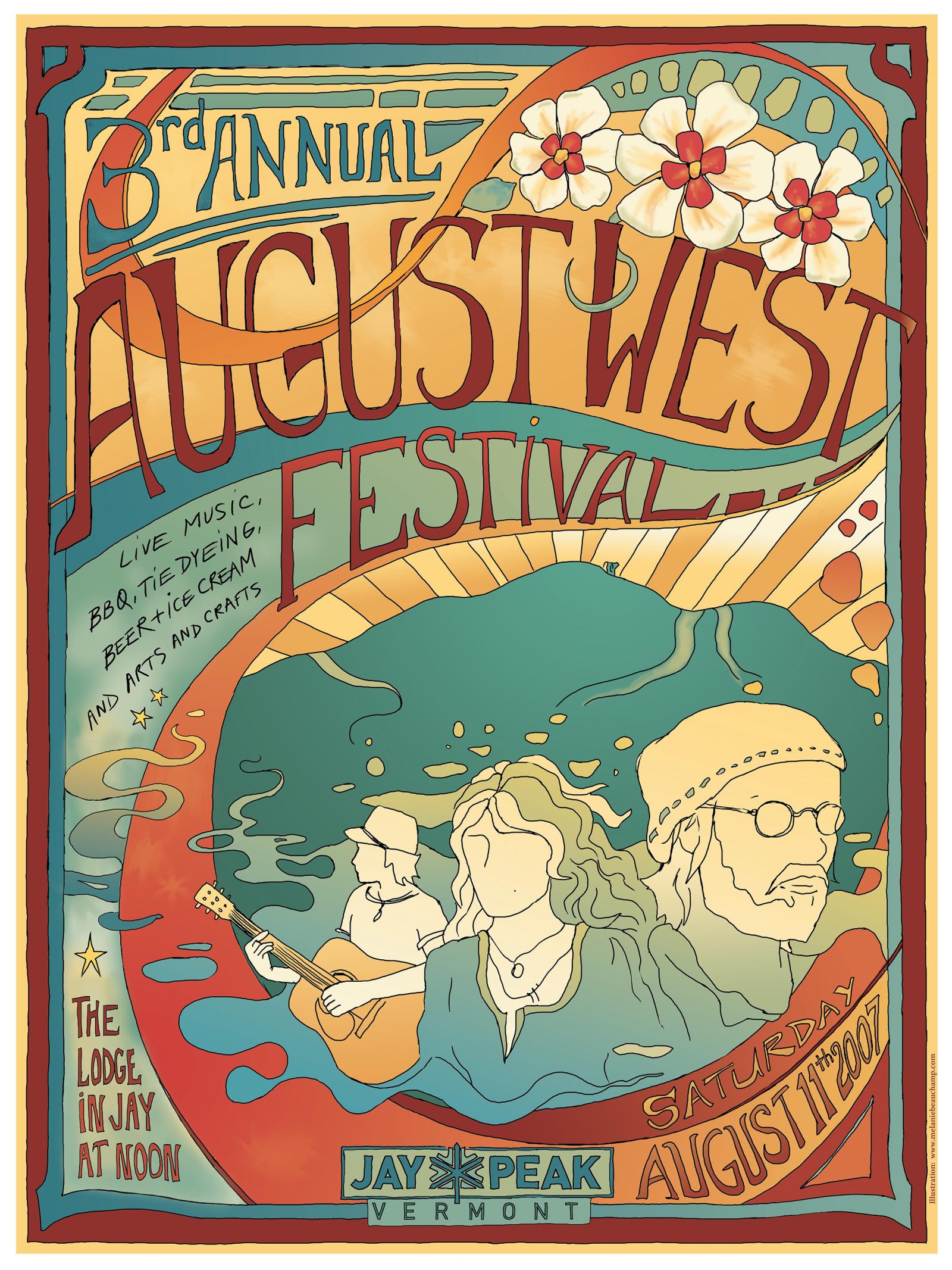 Colorful festival poster with flowers, music notes, and stylized figures playing instruments.