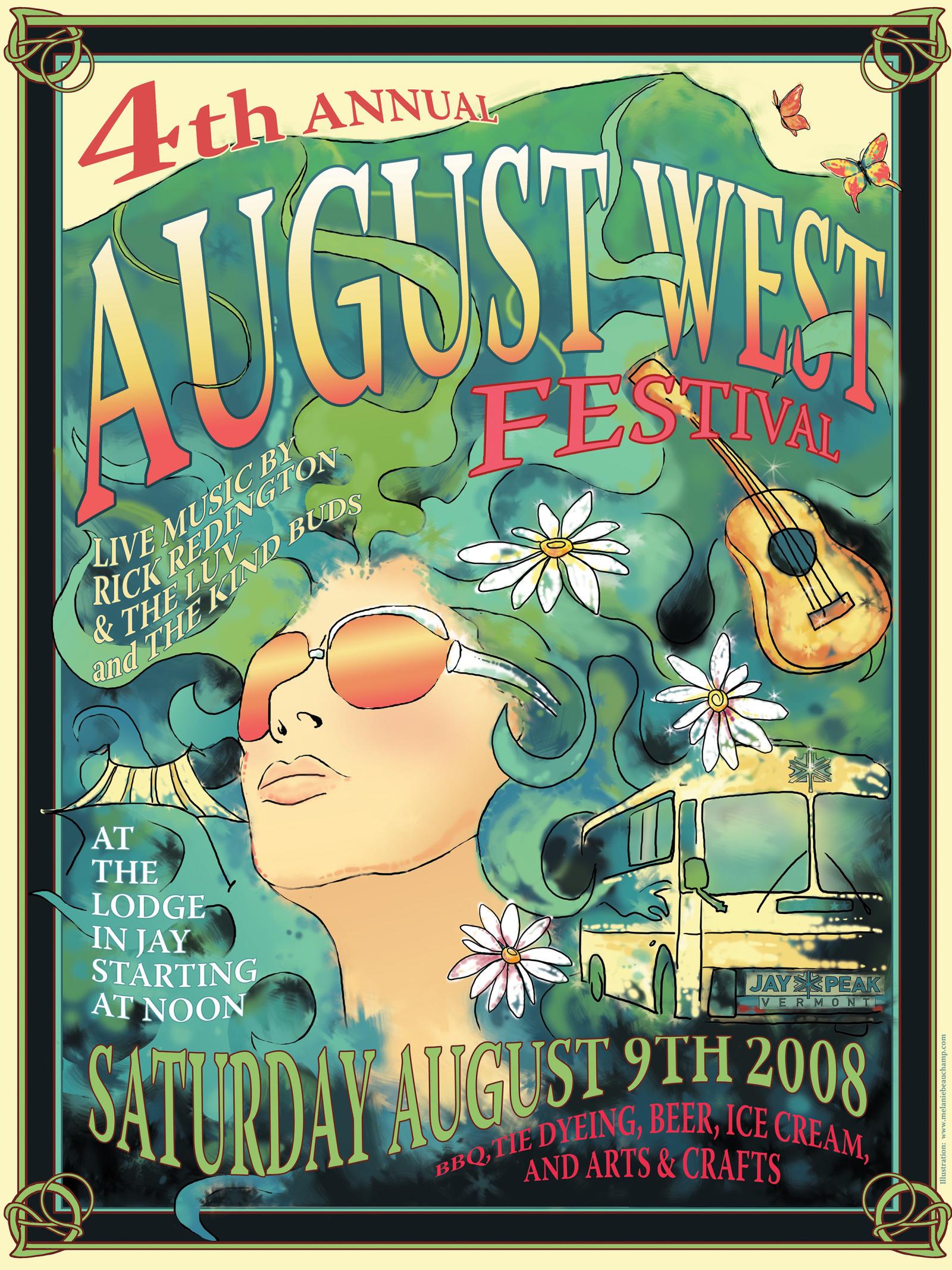 Festival poster with woman in sunglasses and guitar in colorful design.
