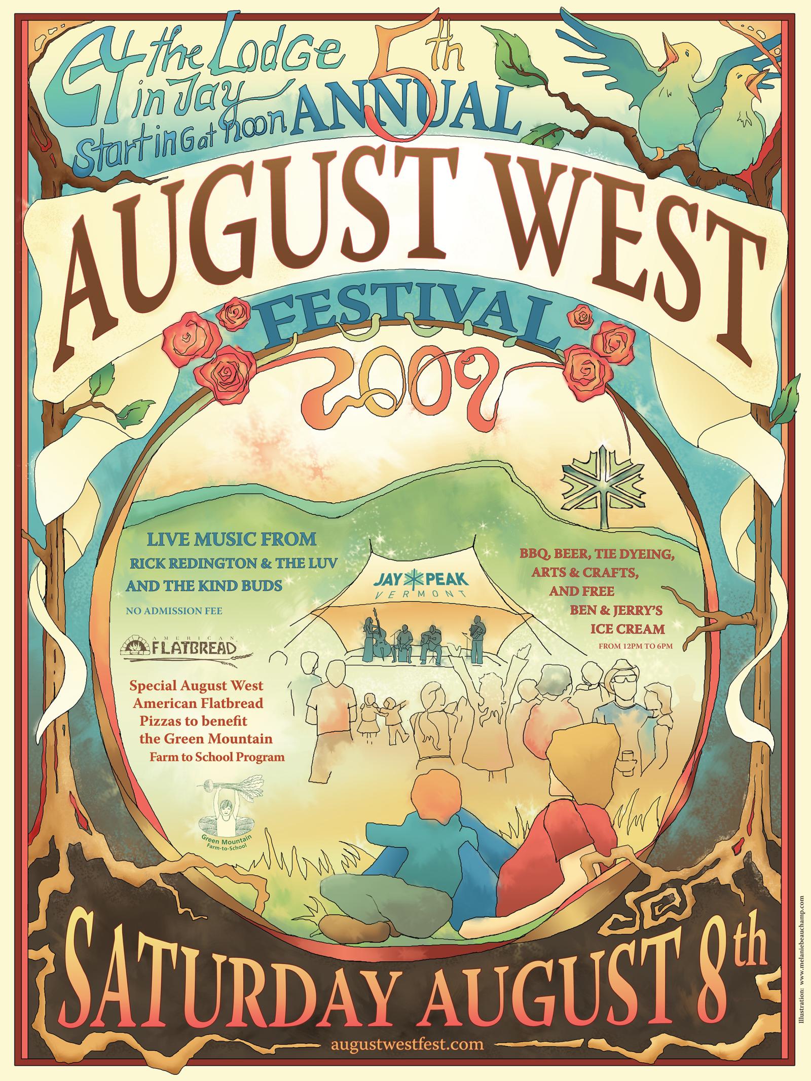 August West Festival 2009 poster with colorful illustrations and event details.