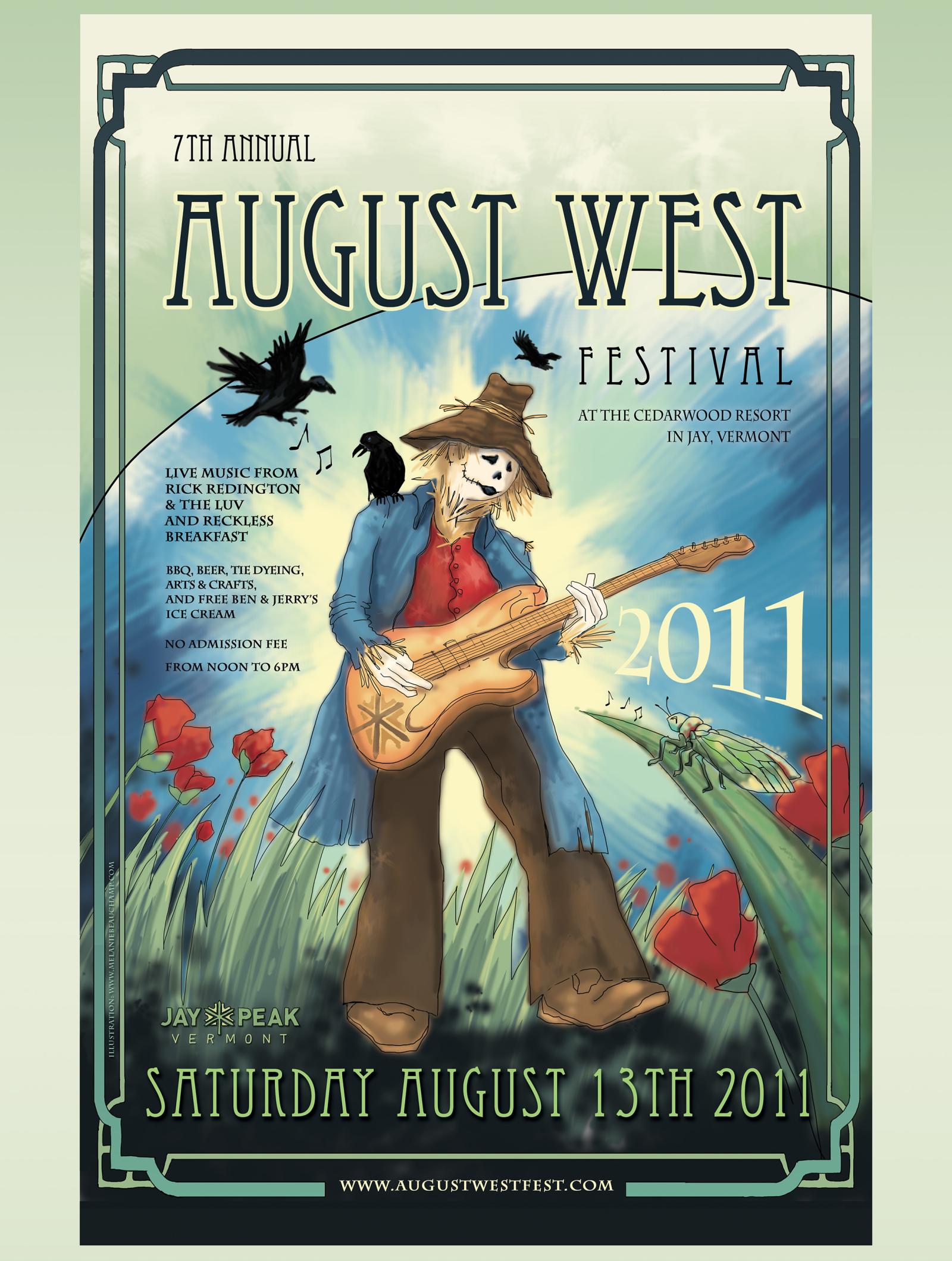 Scarecrow playing guitar in a colorful field with birds and flowers.