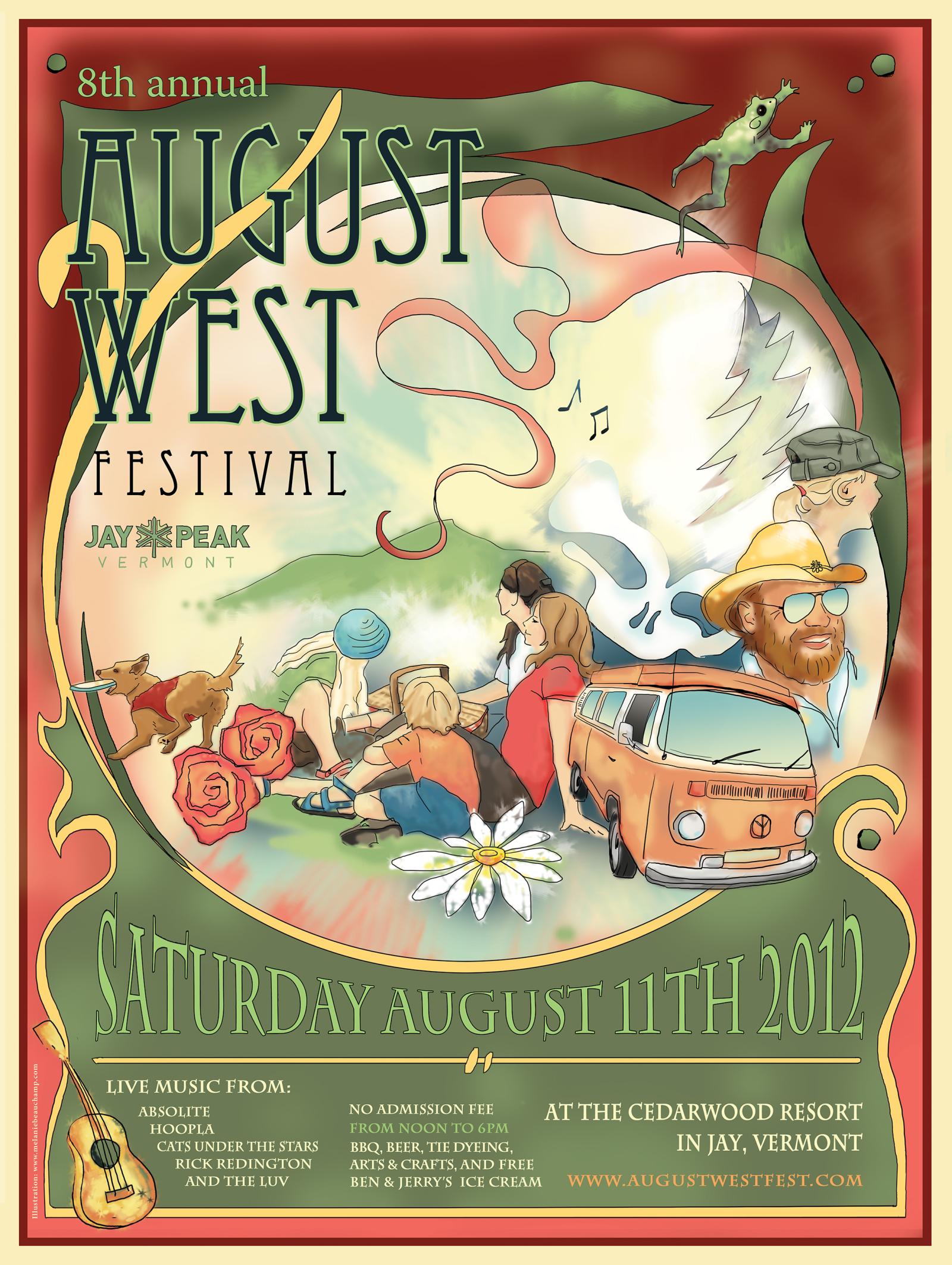 Festival poster with people, flowers, and camper van in vibrant colors.