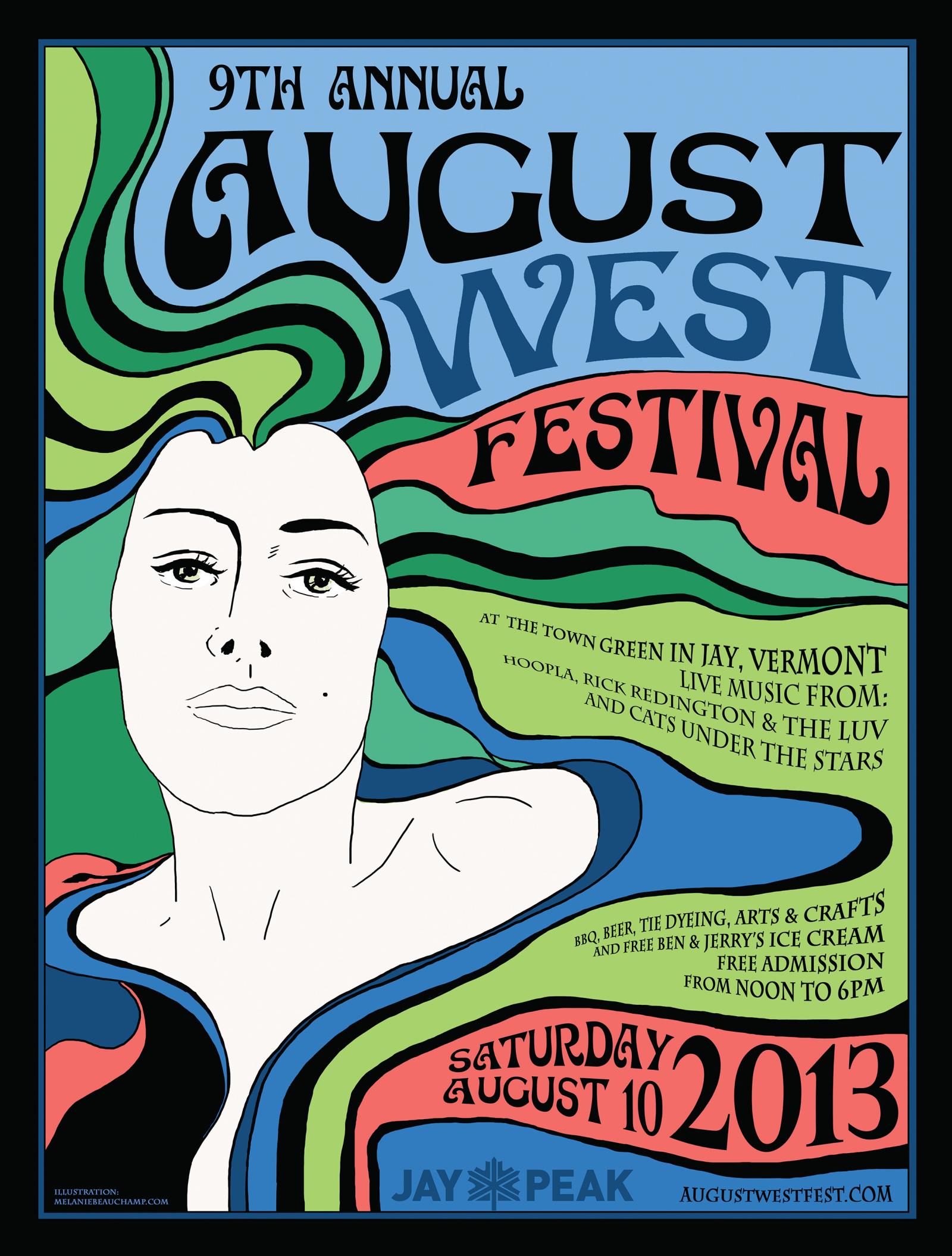 Abstract drawing of a woman's face with colorful swirling hair, festival text.