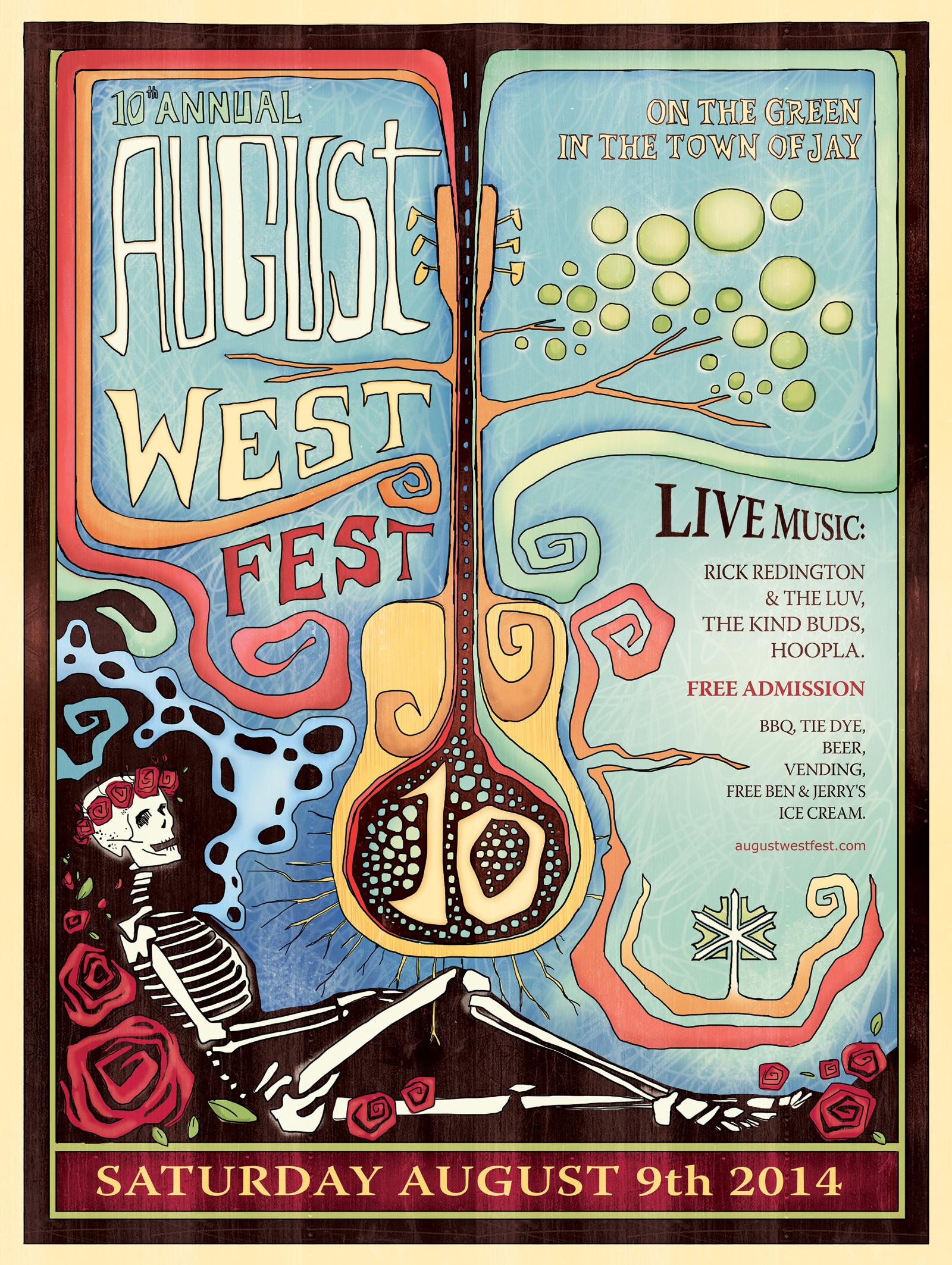 Colorful festival poster with psychedelic design and guitar.