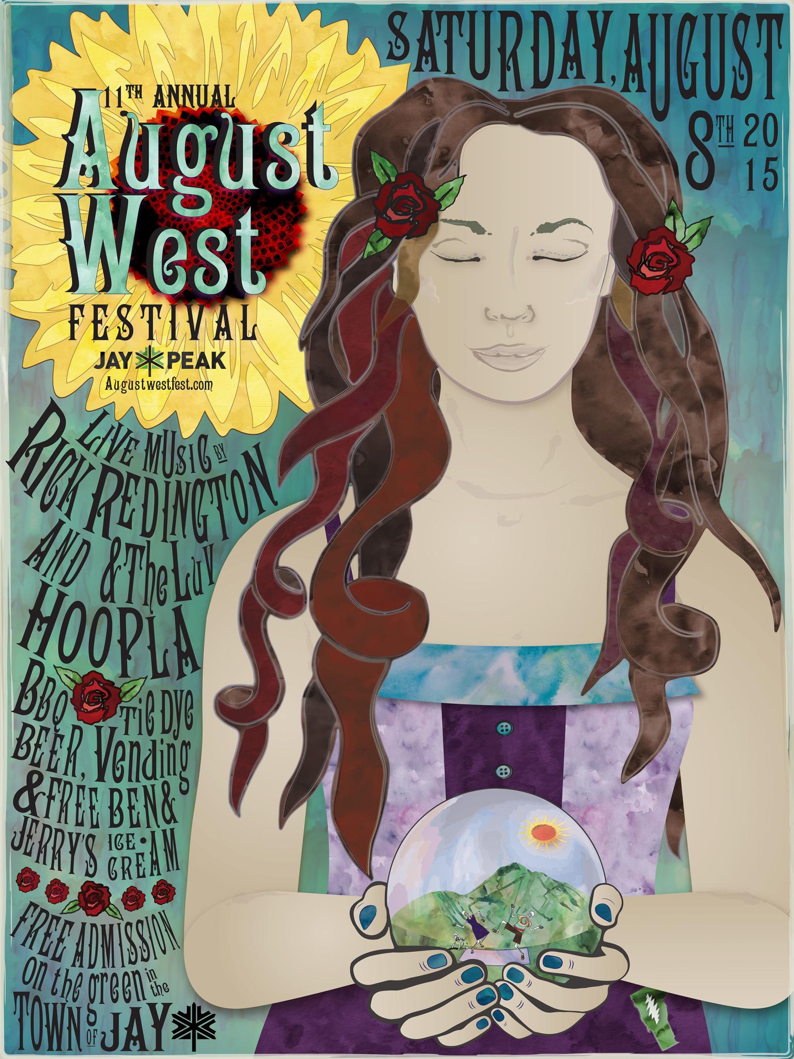 Woman with long hair holds a crystal ball; event details surround her.