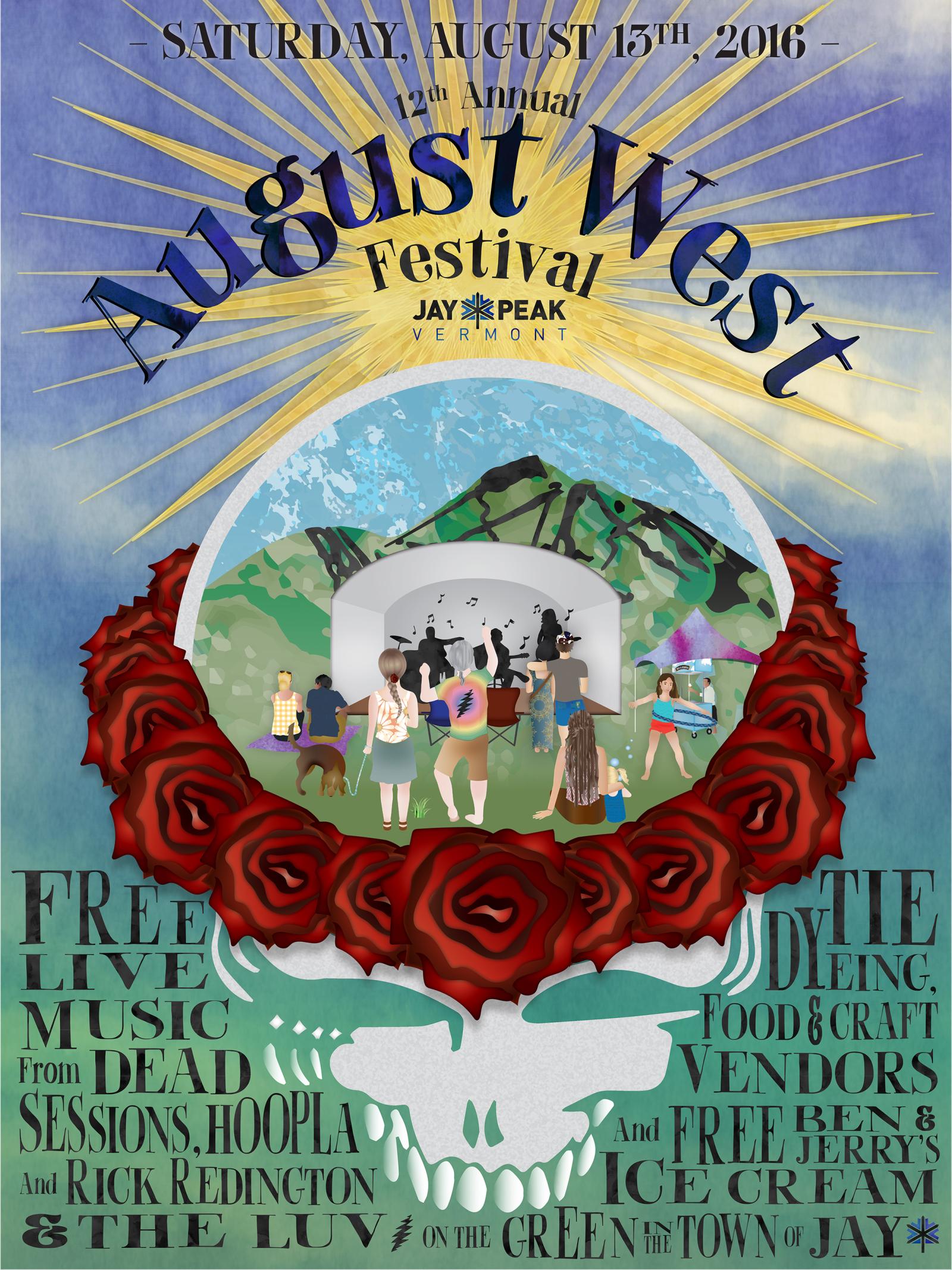 Festival poster with a rose-decorated skull and stage in the background.