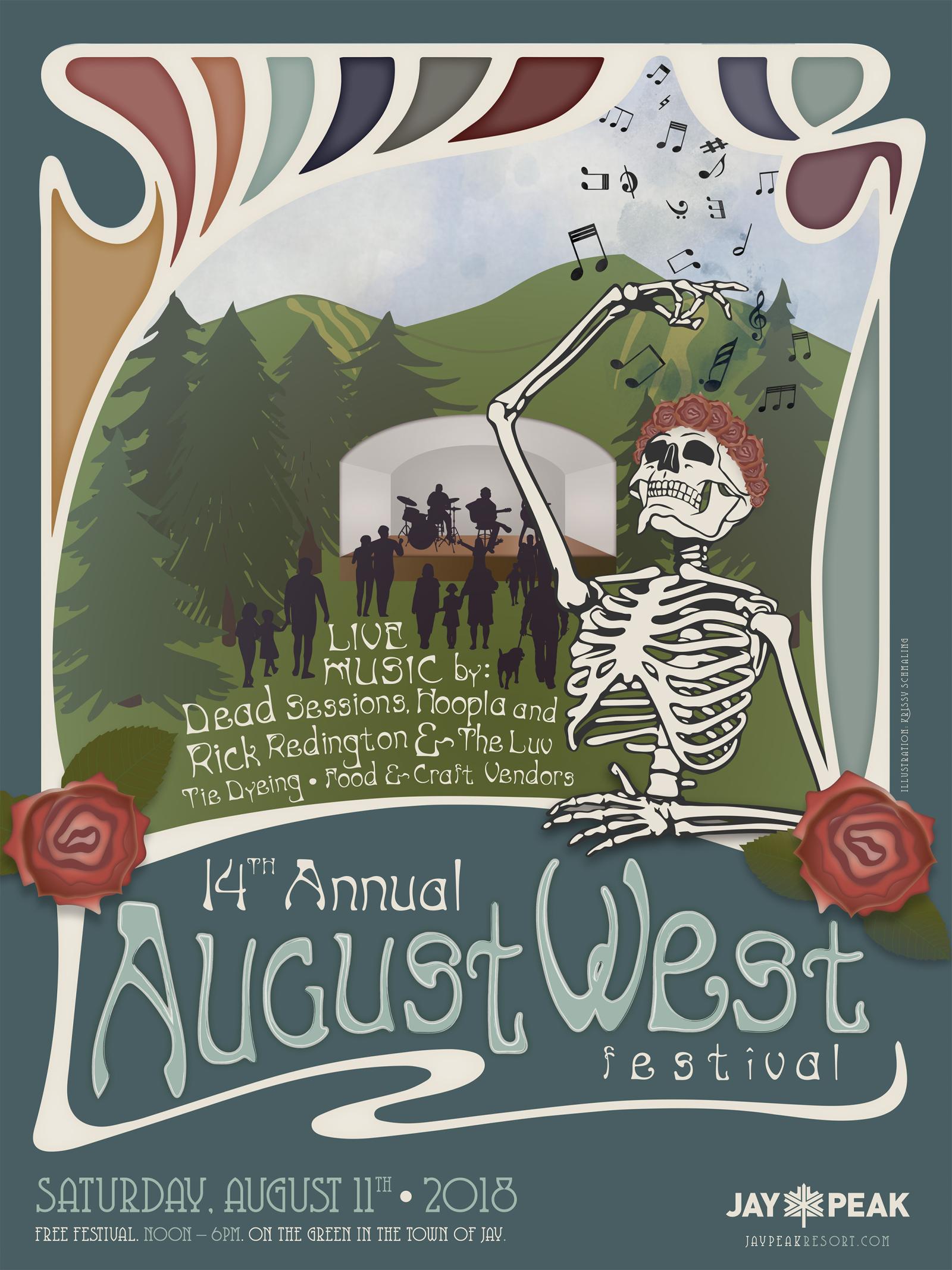 Skeleton playing a guitar, people gathering, colorful festival poster design.