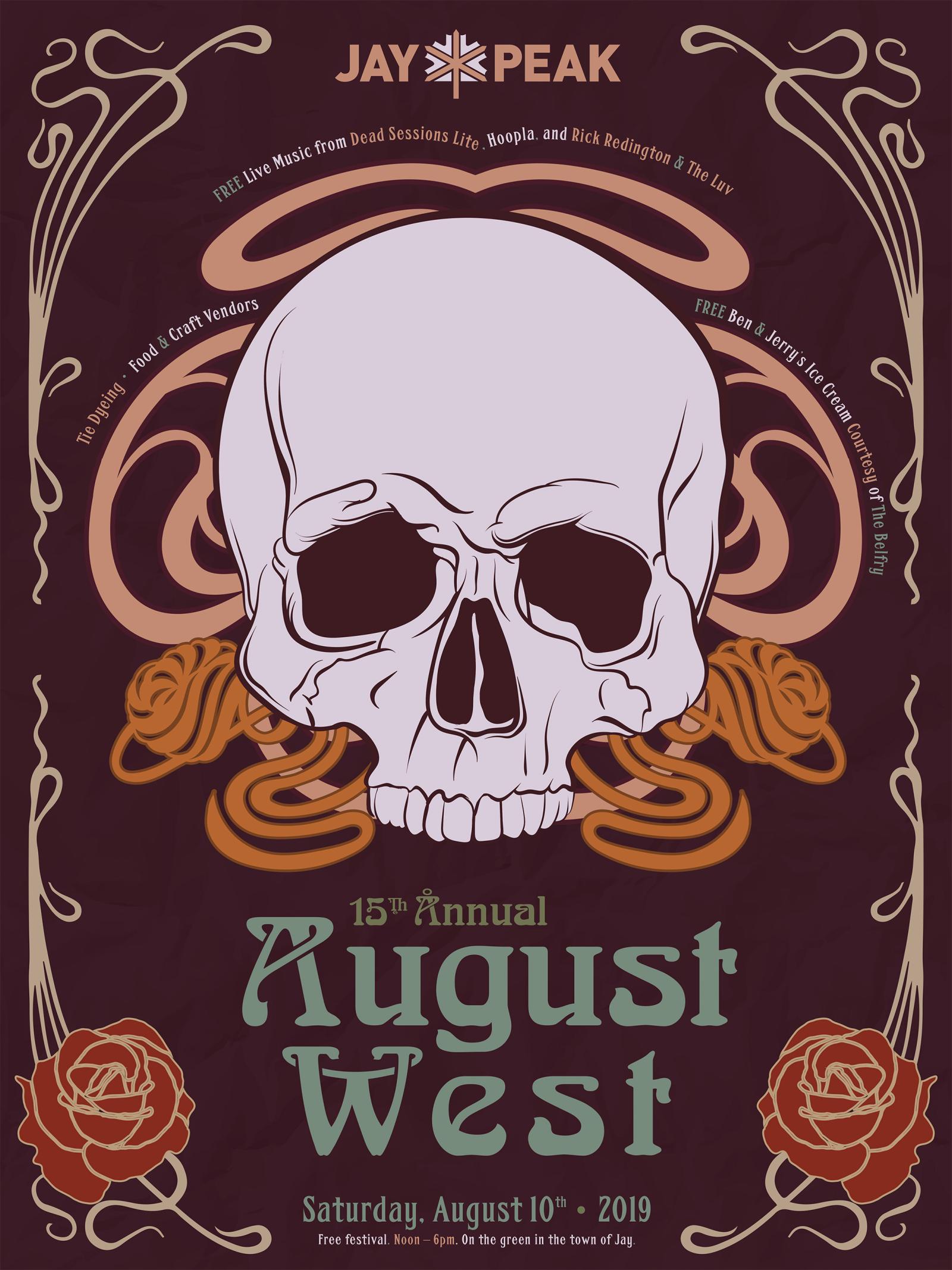 Skull with swirling patterns and roses on a dark poster.