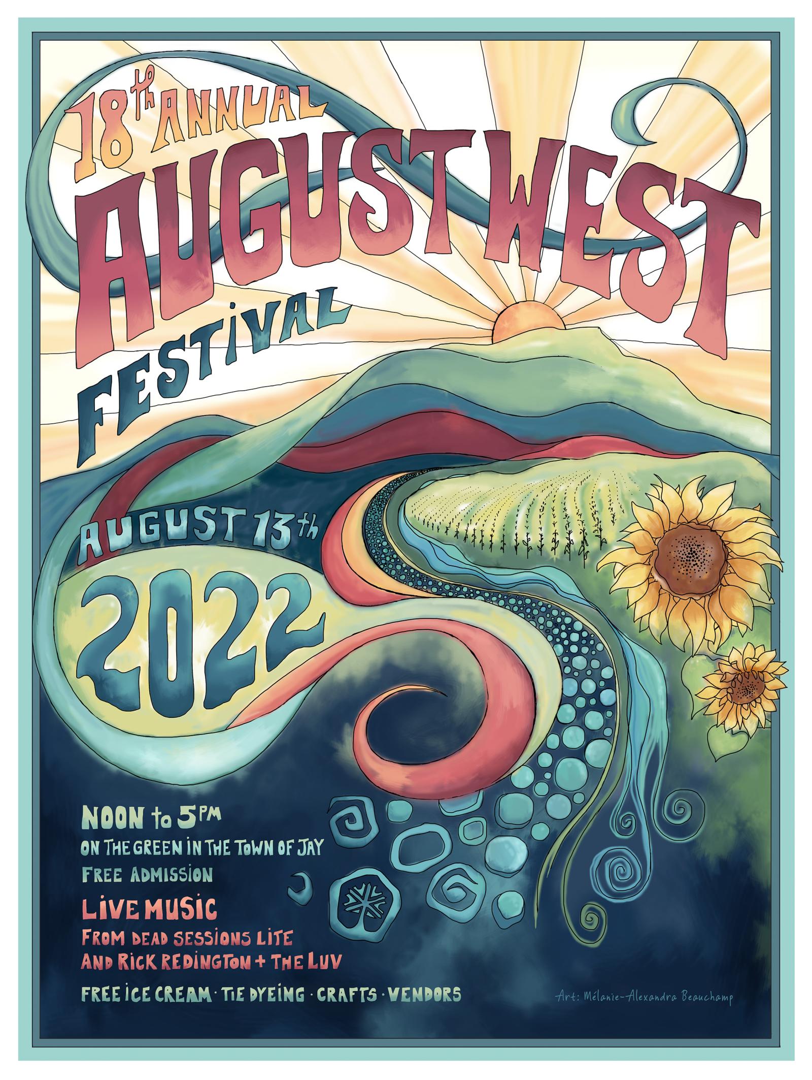 Colorful festival poster with sunflowers, rolling hills, and swirled paths.