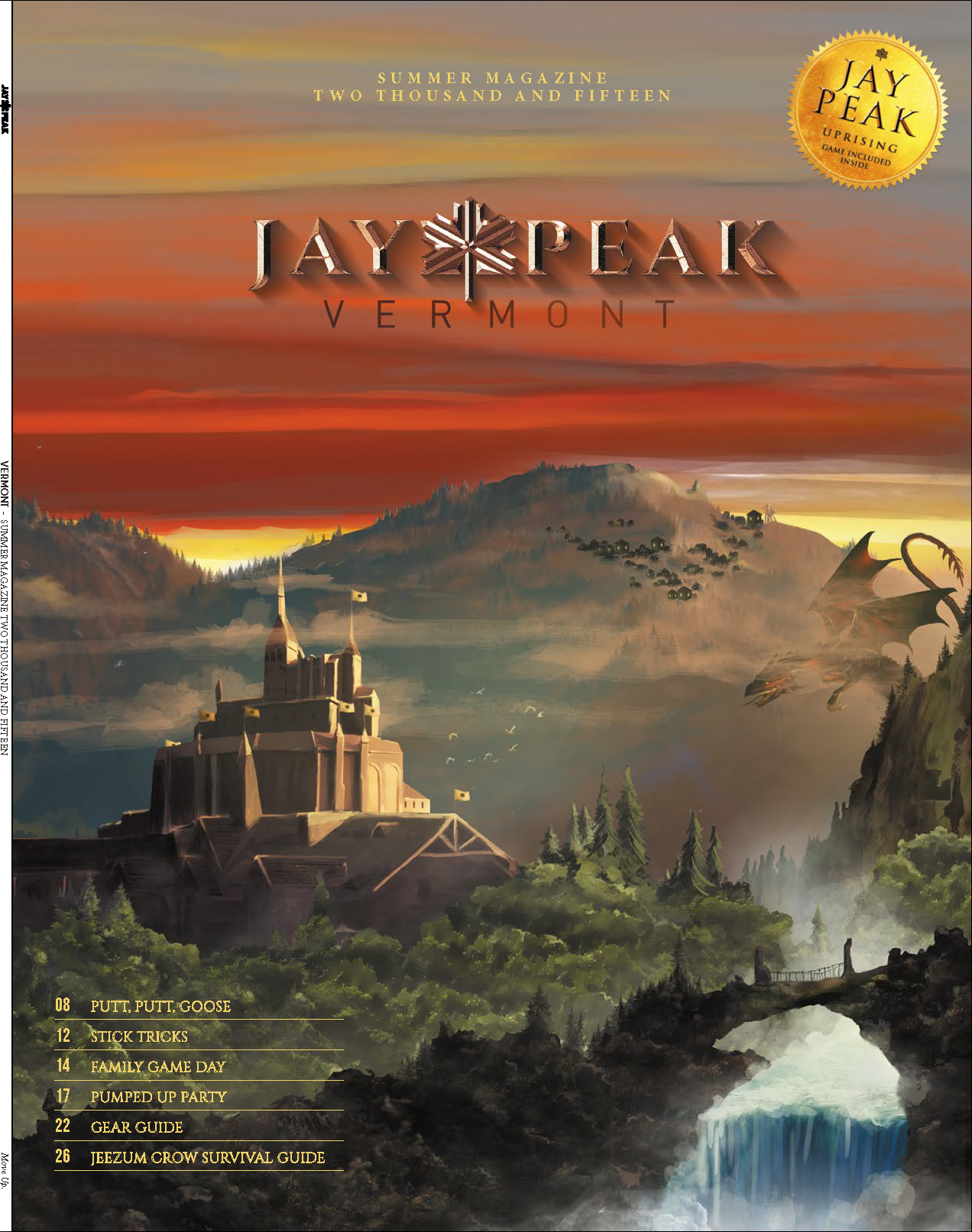 Mountain resort landscape at sunset with warm colors and misty hills.