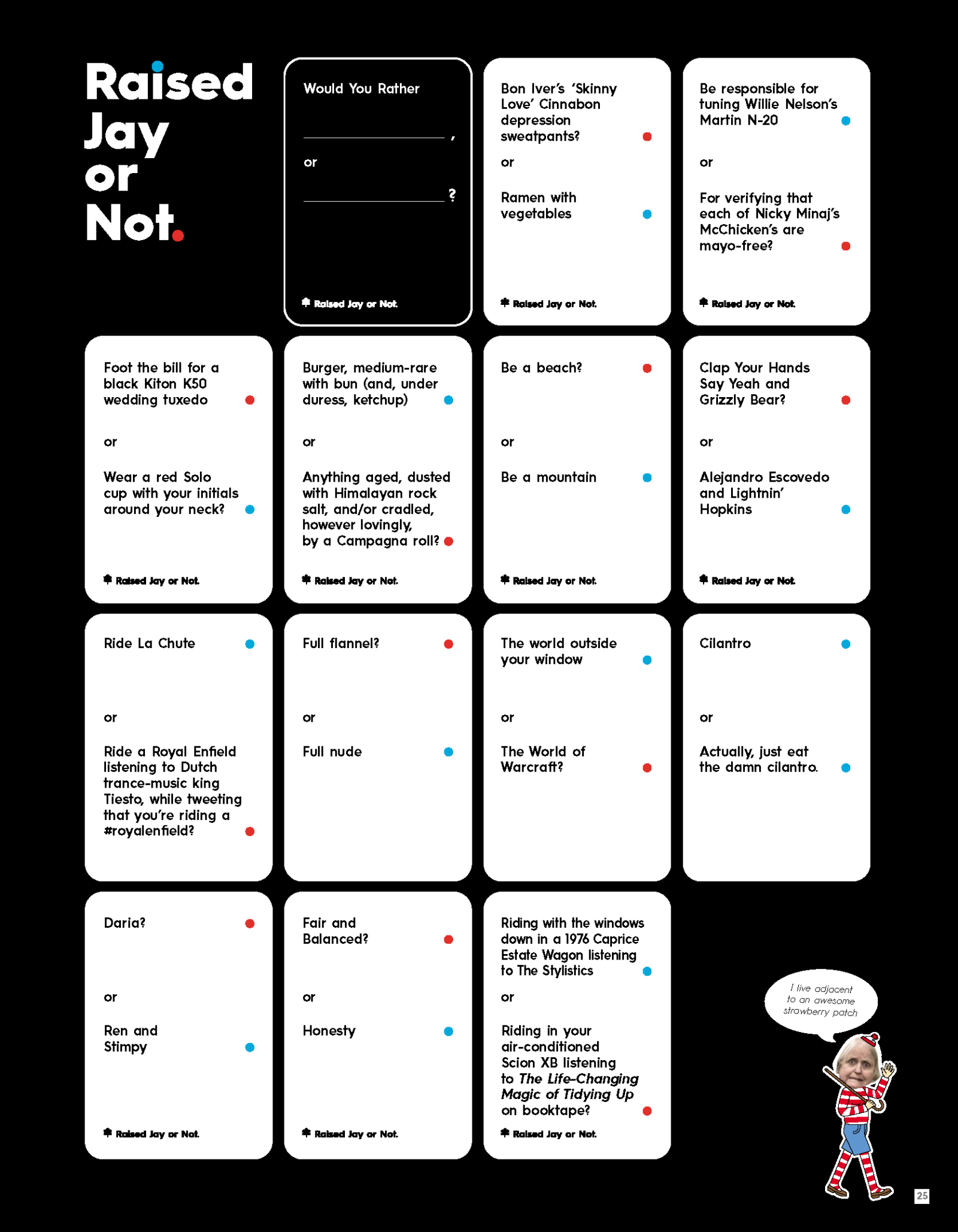White cards with text on a black background, cartoon character bottom right.