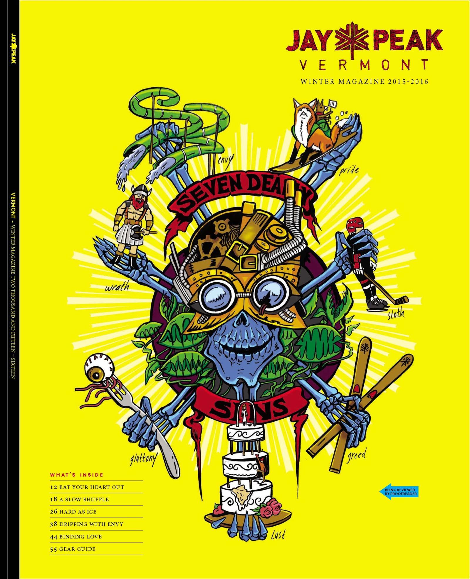 Colorful cartoon of a face with blue arms and various items, set against a bright yellow background.5