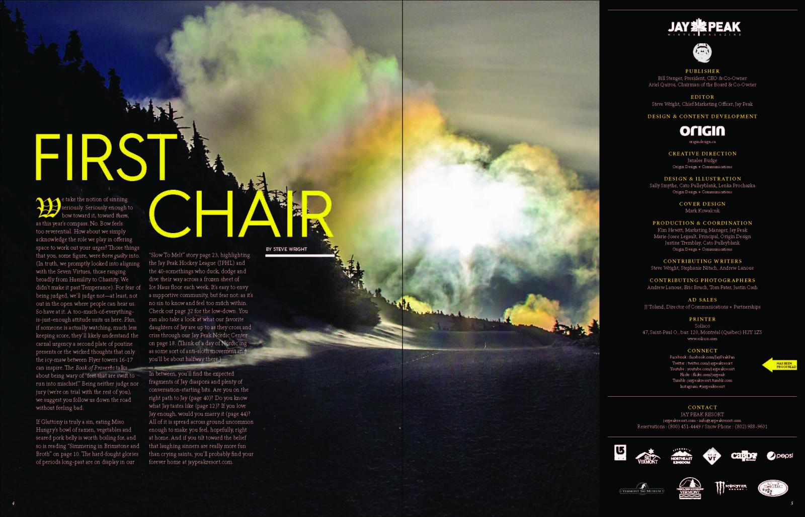 Sunlit ski slope with colorful clouds and trees, featuring magazine text and logos.