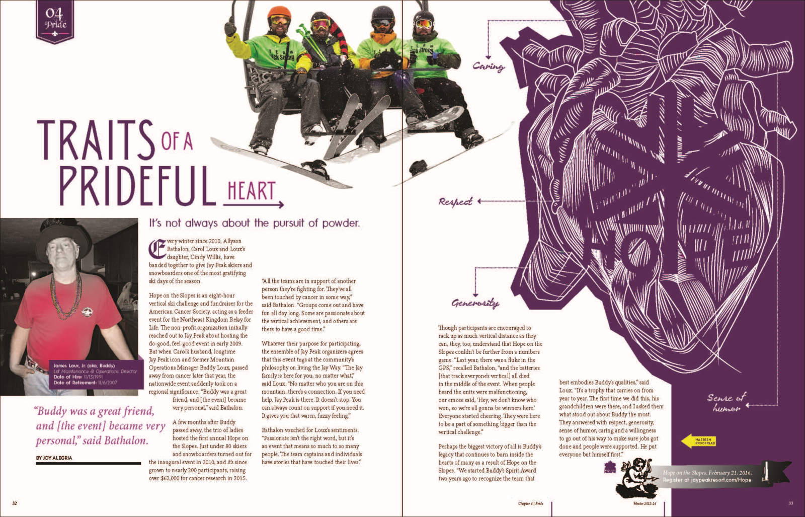 Magazine spread featuring a person skiing and a stylized heart graphic with the word "Hope."