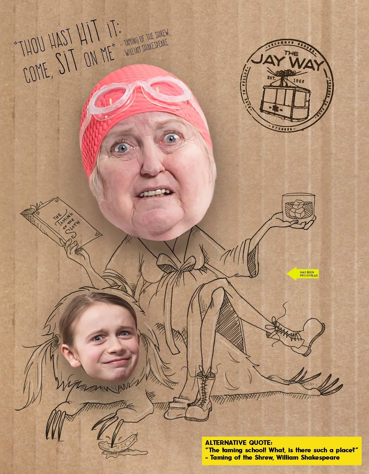 Collage shows two faces on a sketch of a relaxed person holding a book and cup.