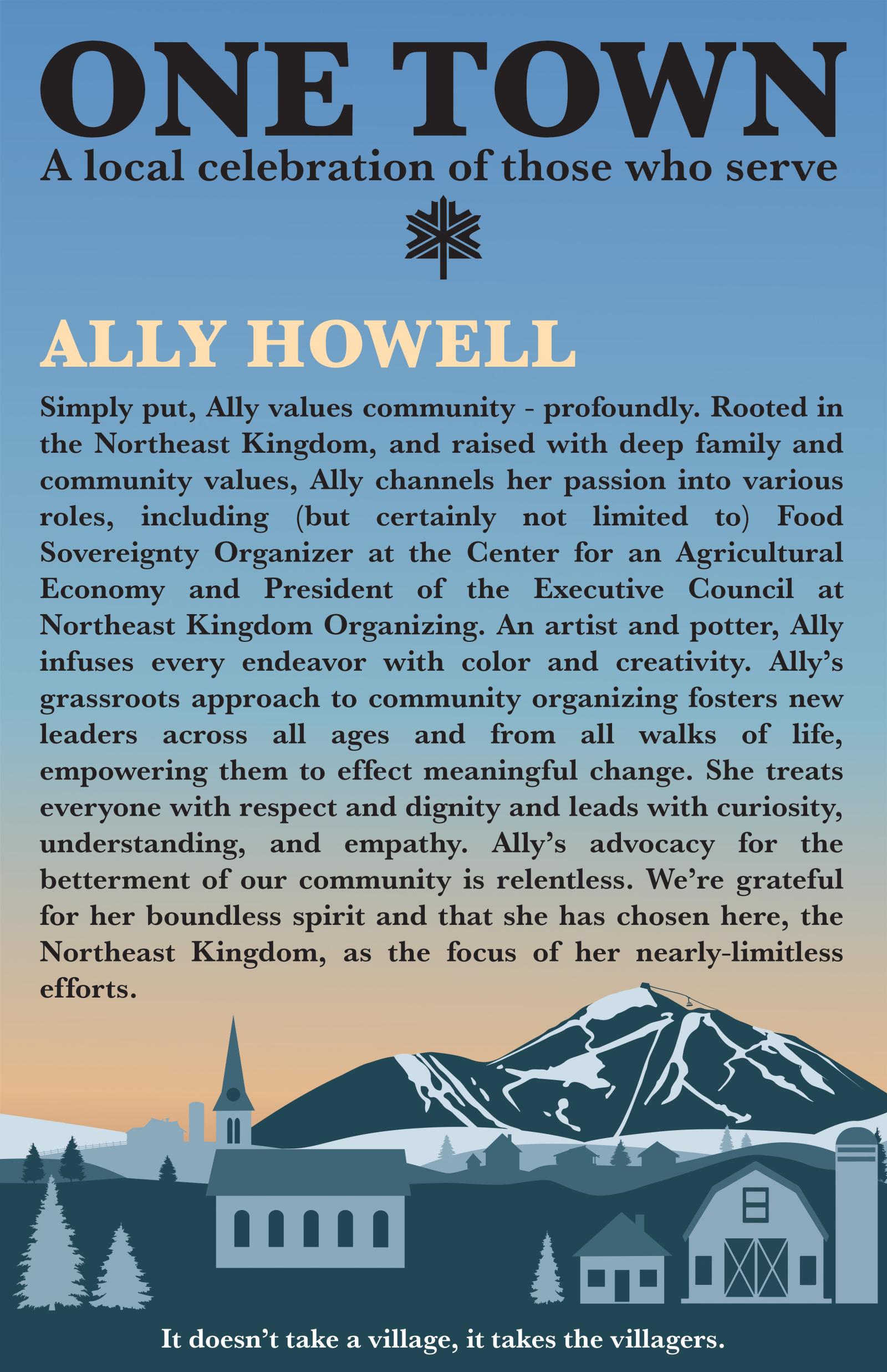 Illustrated flyer for "One Town" featuring mountains and village at sunset.