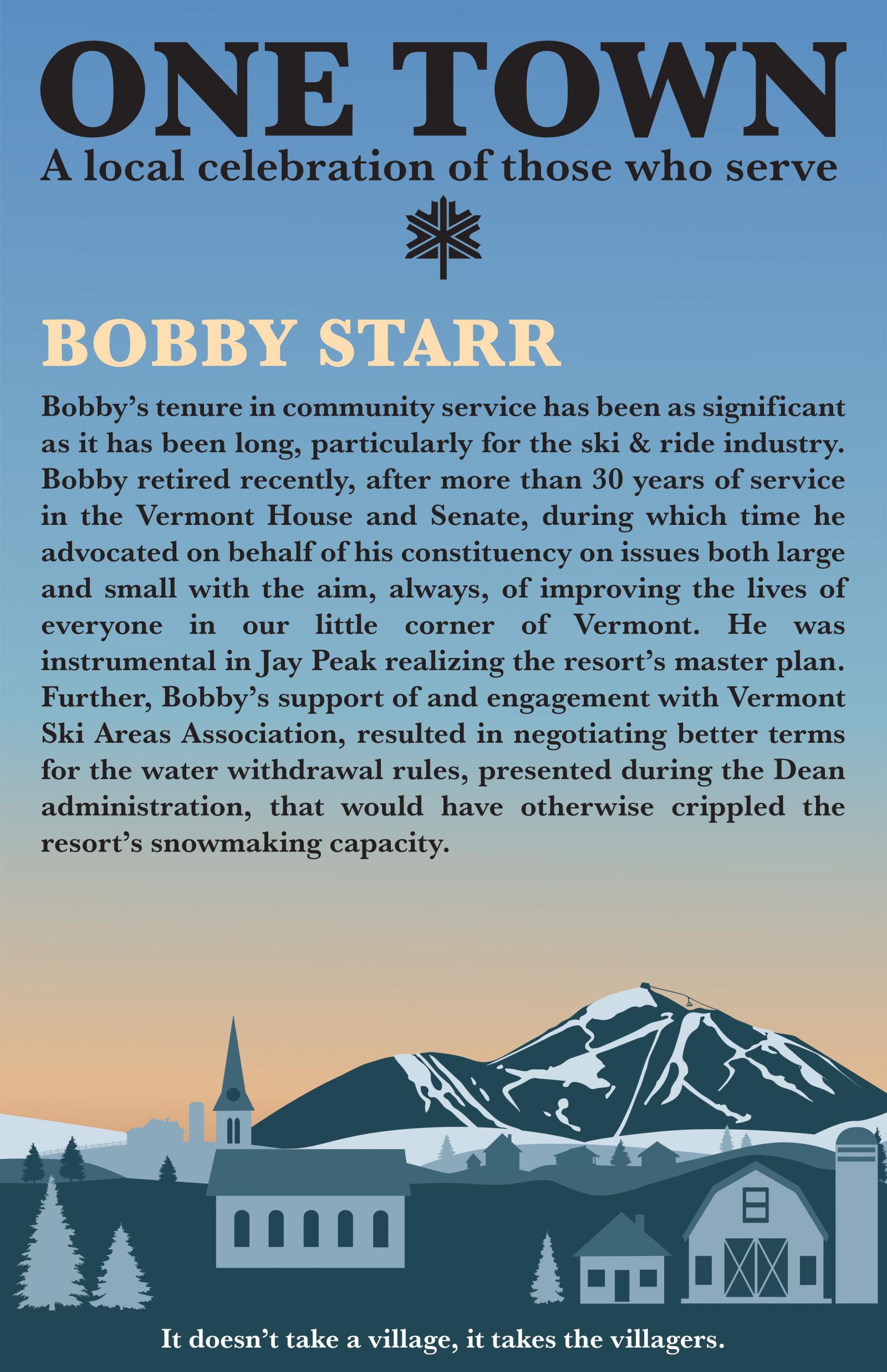 A magazine cover with mountain, trees, and a town skyline illustration.