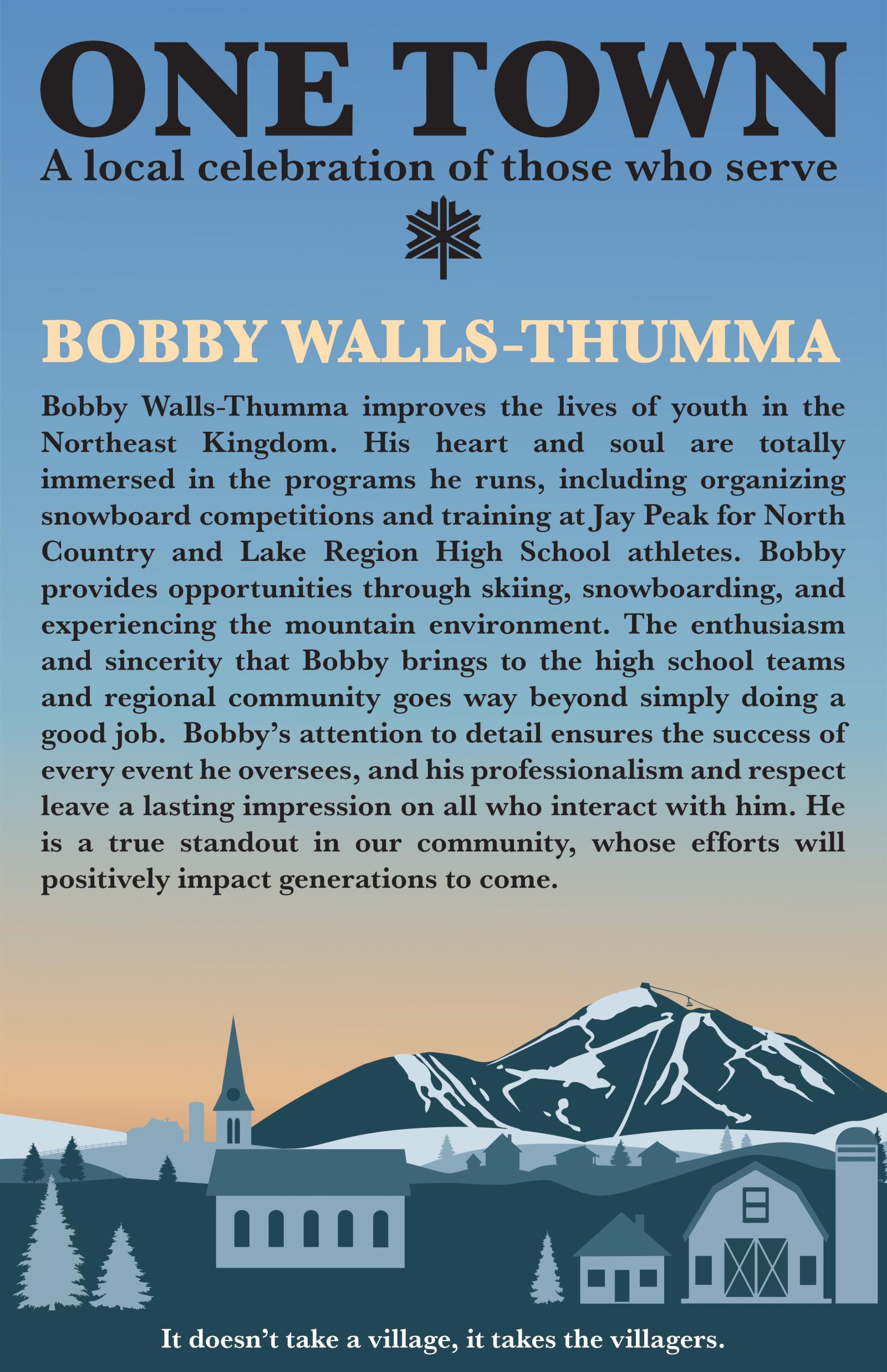 Newsletter page with text about Bobby Walls-Thumma, featuring a mountain and building graphics.