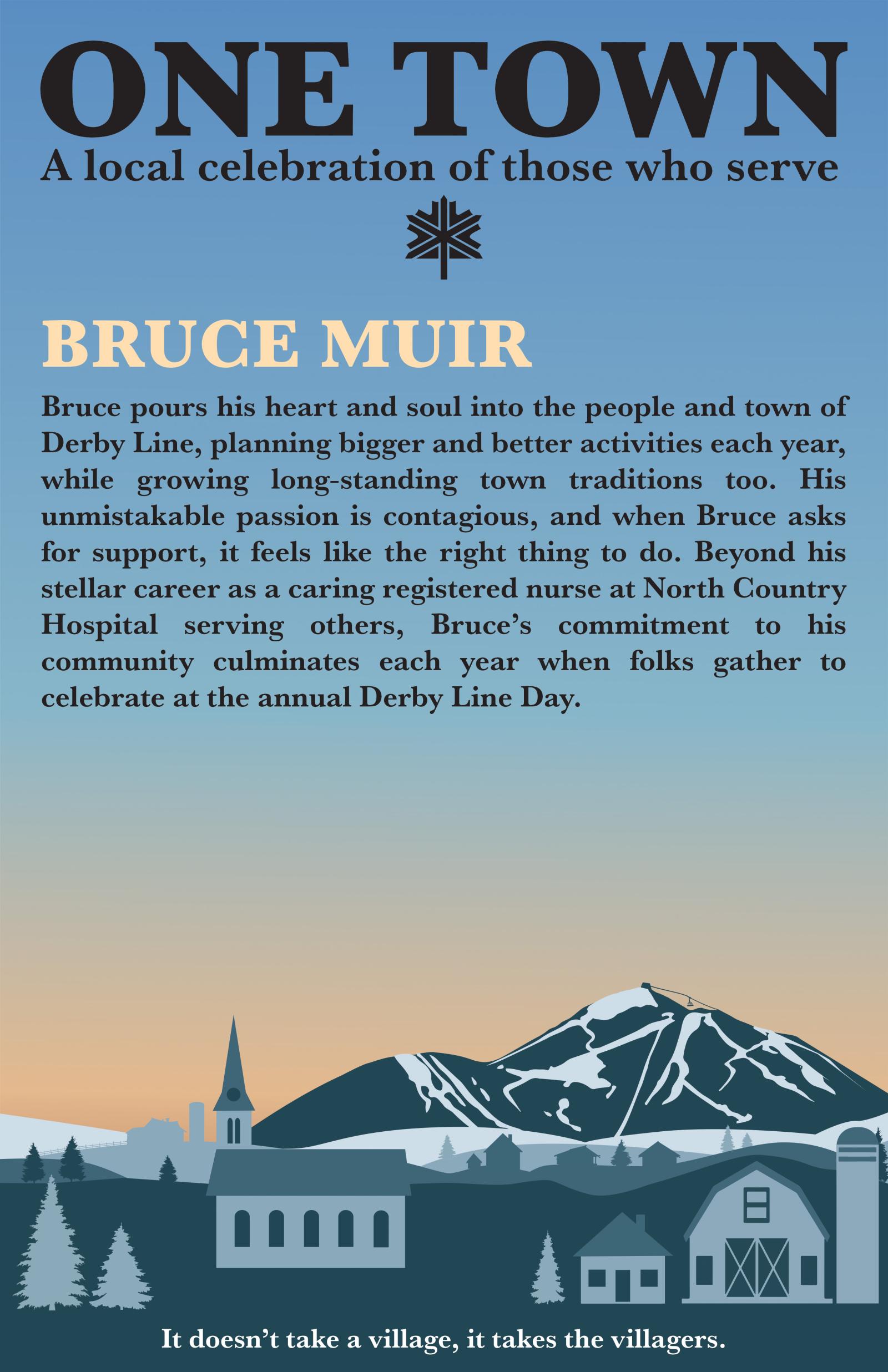 Town illustration with buildings and mountain backdrop, twilight sky.