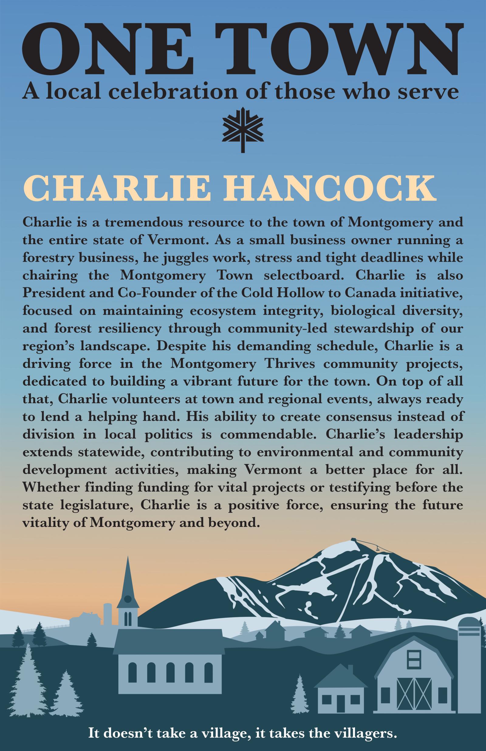 Book cover illustration with text over a town and mountain graphic.