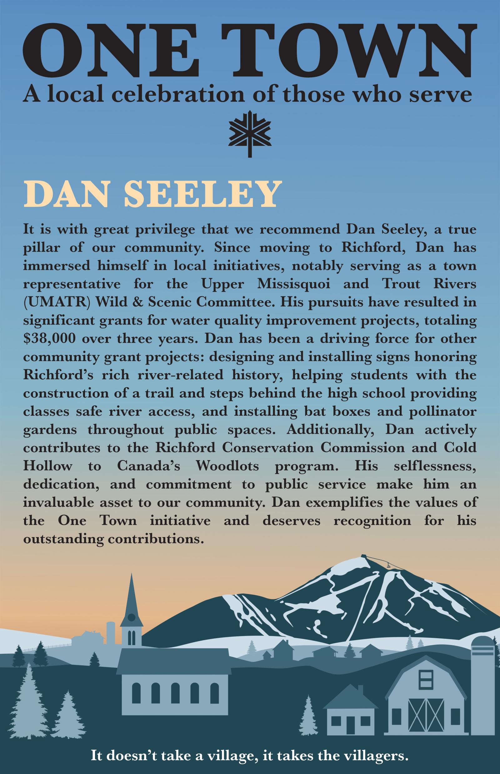 Blue-themed poster with mountain and tree graphic, featuring text about Dan Seeley.