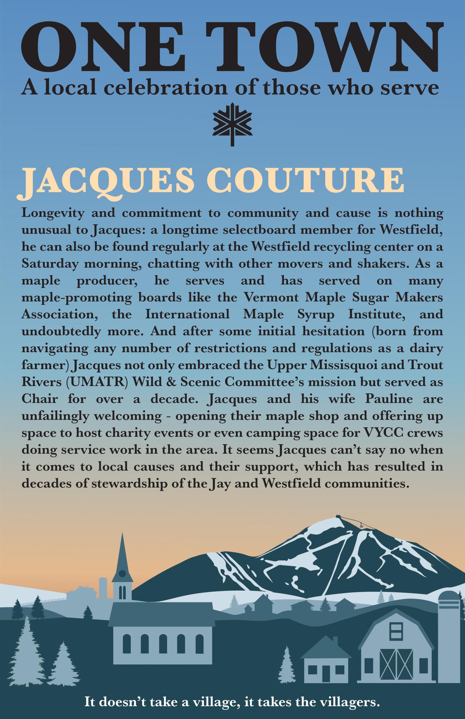 Blue and orange poster with buildings and mountain graphic.