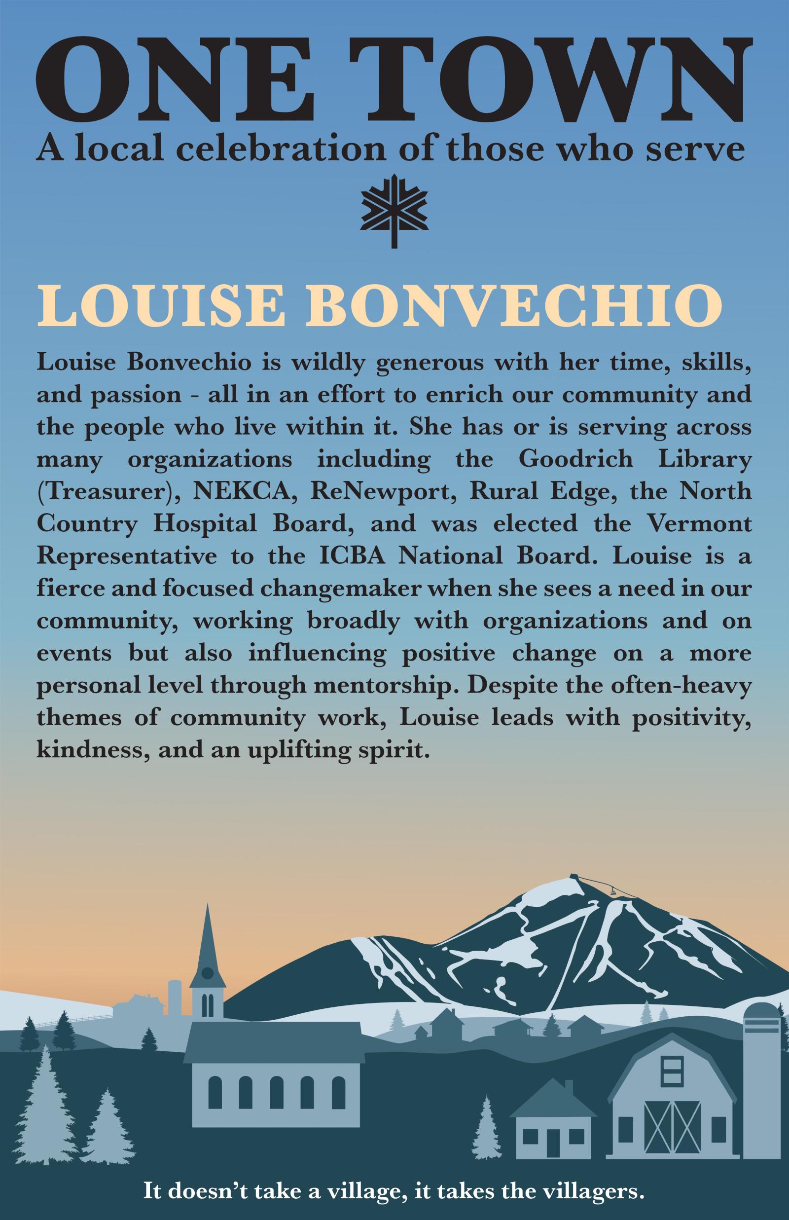 A banner with text, a mountain, and a town illustration at sunset.