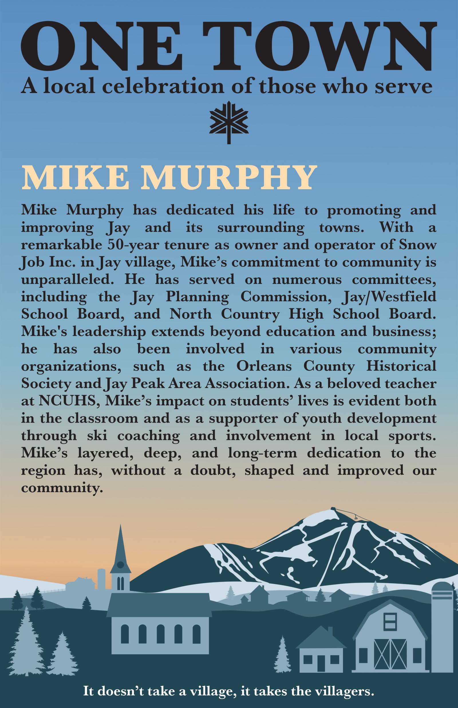 Illustrated townscape with mountains at sunset, text about Mike Murphy below.